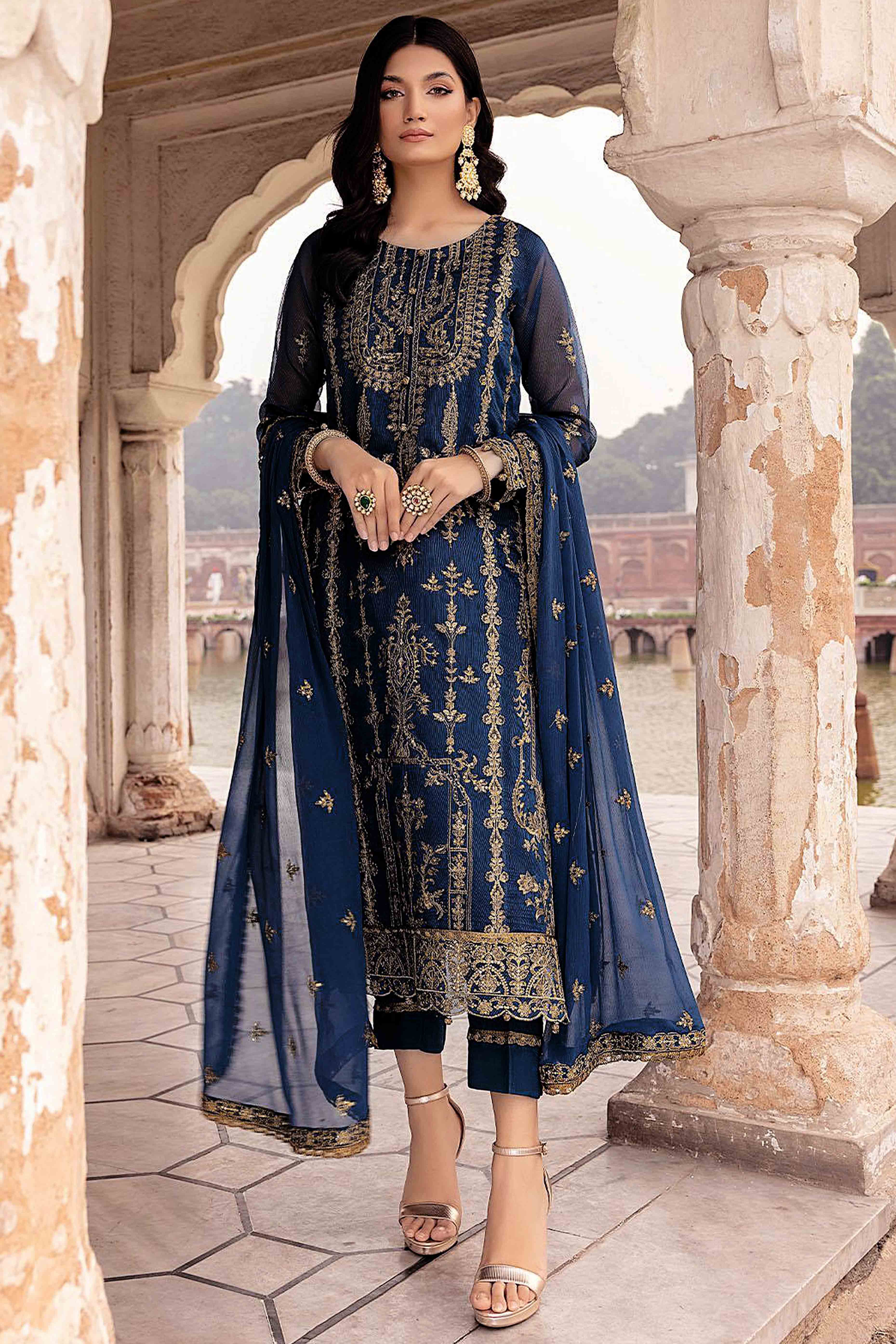 Blue Floral Sequins Embroidered Georgette Semi Stitched  Suit