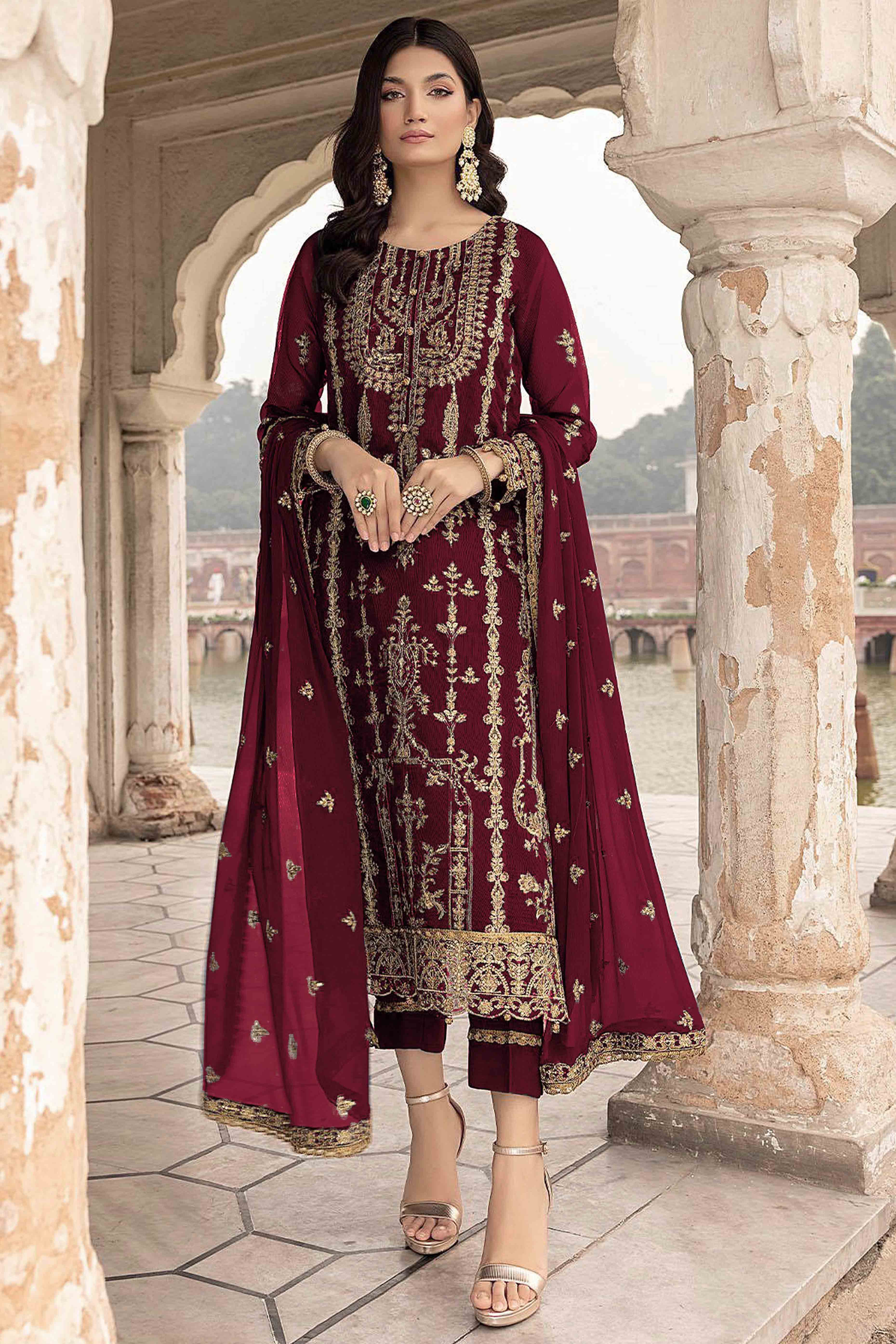 Maroon Floral Sequins Embroidered Georgette Semi Stitched  Suit