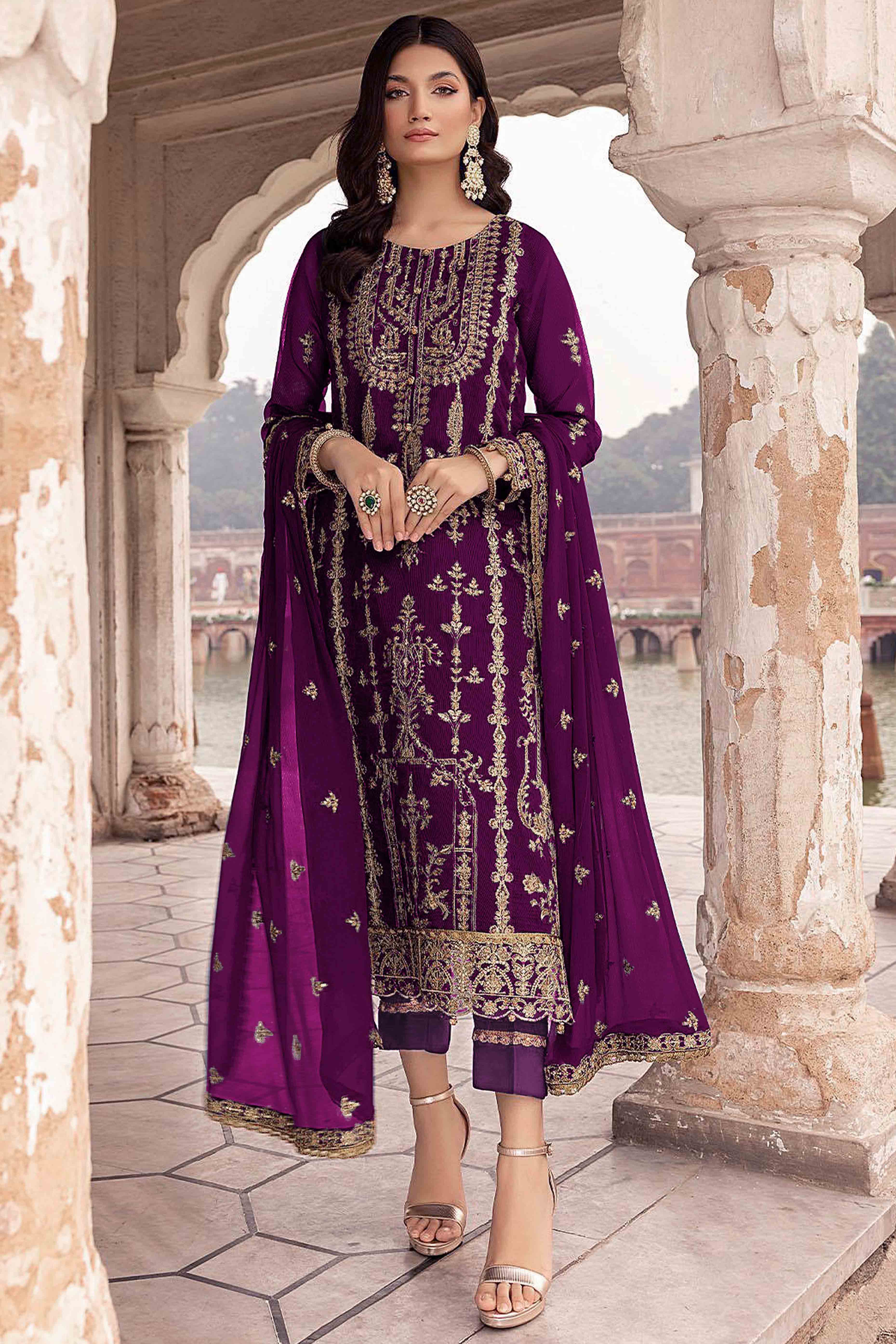 Purple Floral Sequins Embroidered Georgette Semi Stitched  Suit