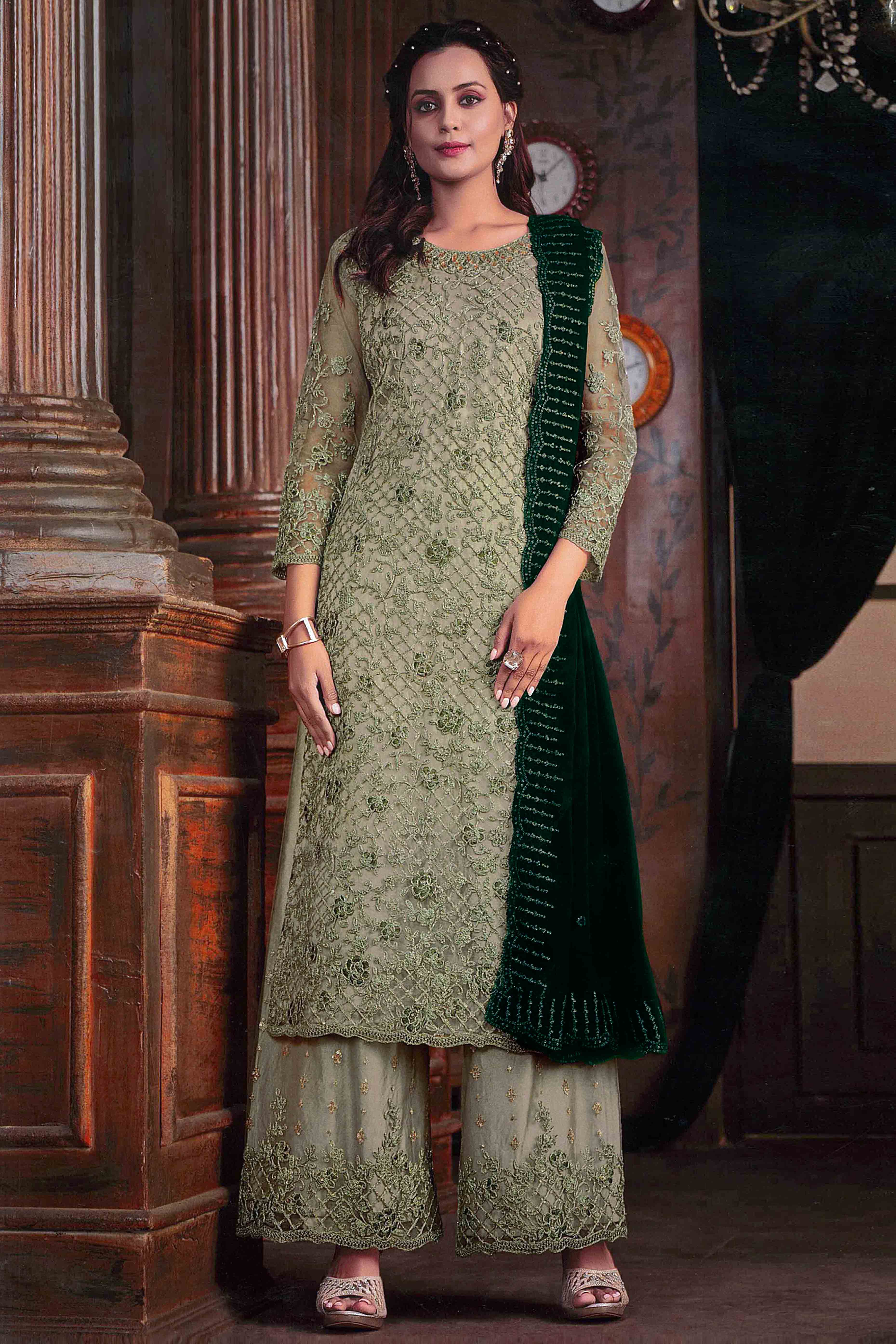 Green Floral Sequins & Codding Embroidered Net Semi Stitched Suit