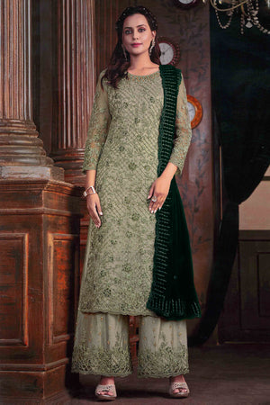 Green Floral Sequins & Codding Embroidered Net Semi Stitched Suit