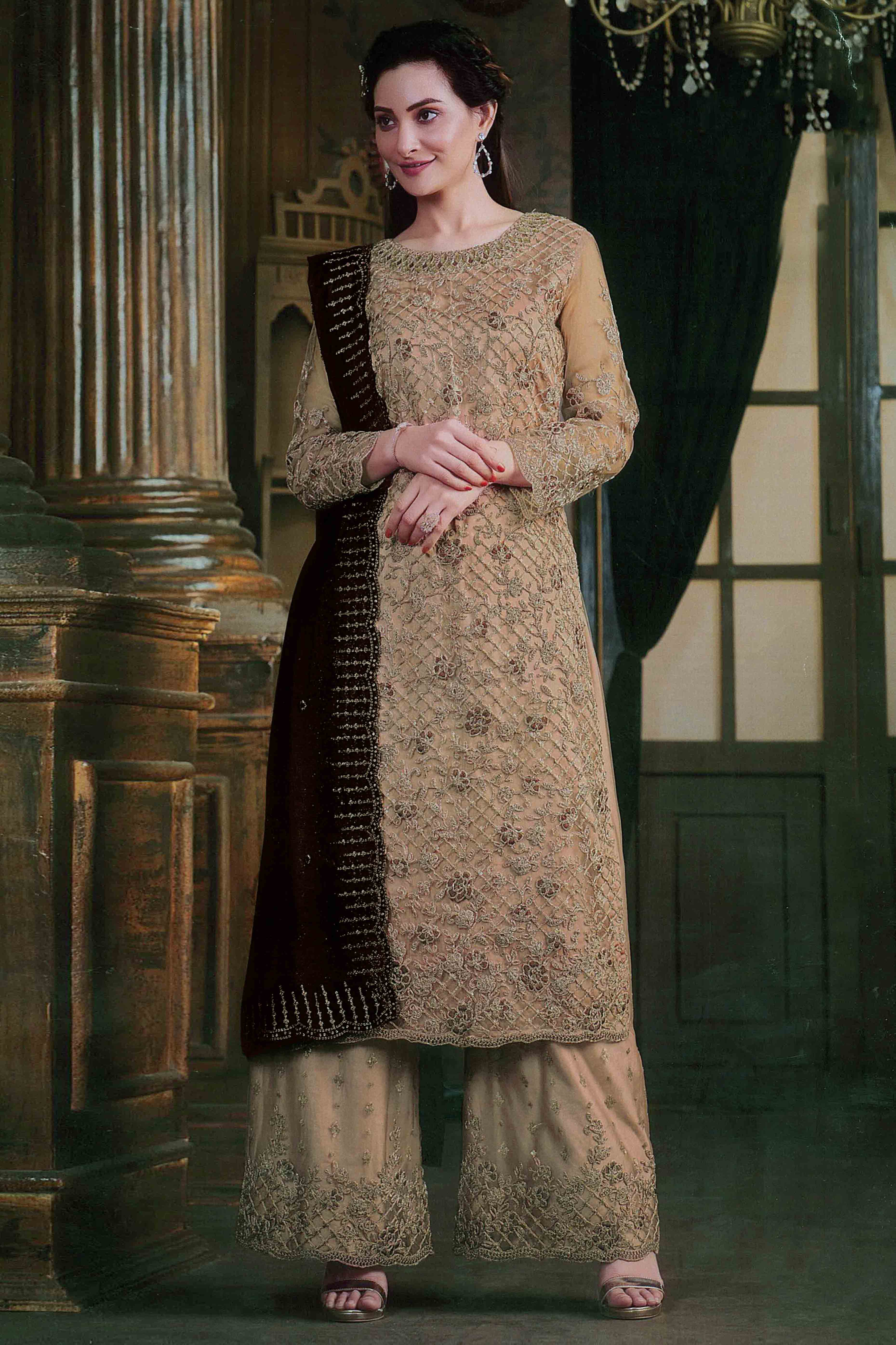 Chikoo Floral Sequins & Codding Embroidered Net Semi Stitched Suit