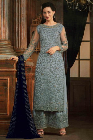 Blue Floral Sequins & Codding Embroidered Net Semi Stitched Suit