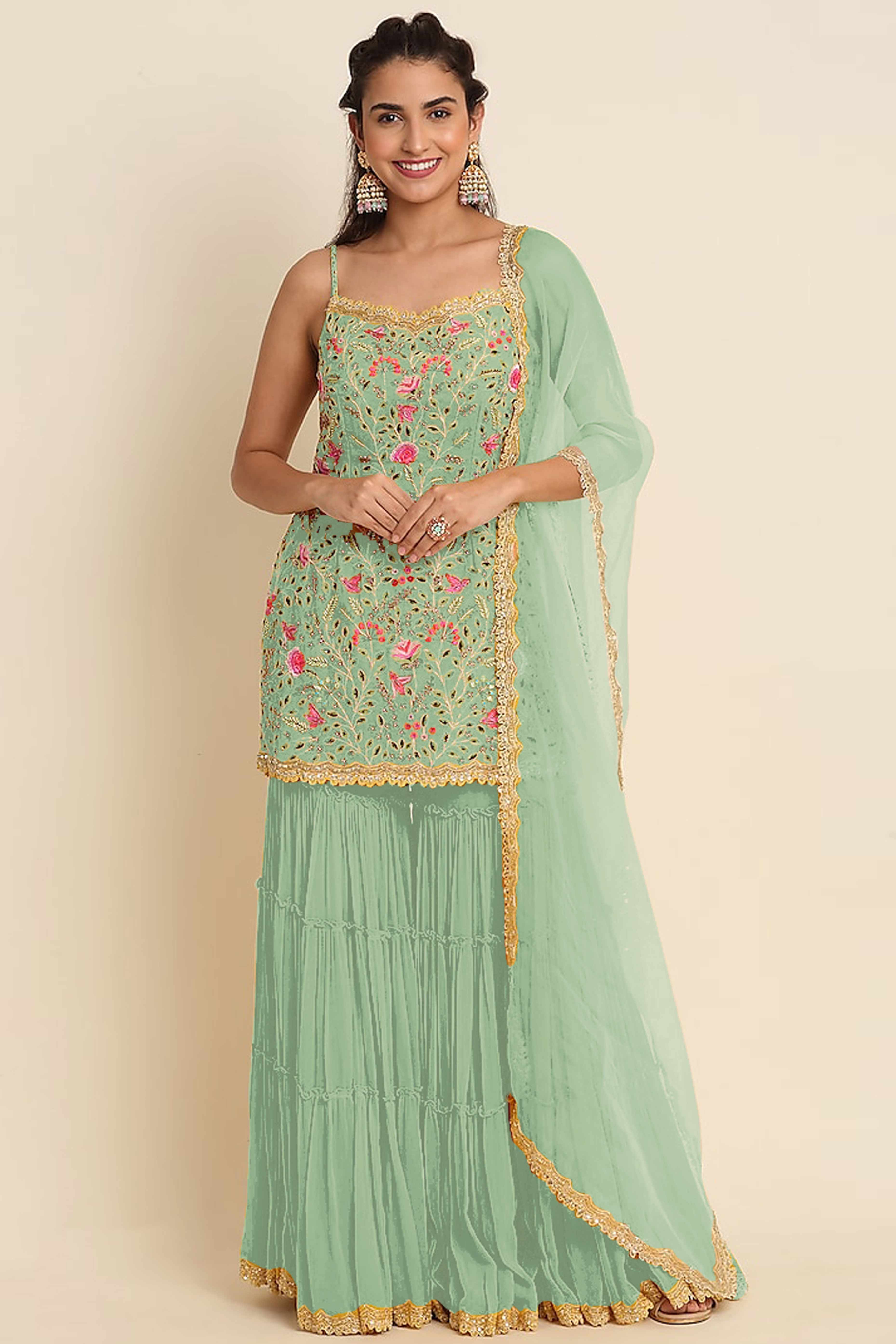 Green Floral Sequins Embroidered Georgette Semi Stitched Suit