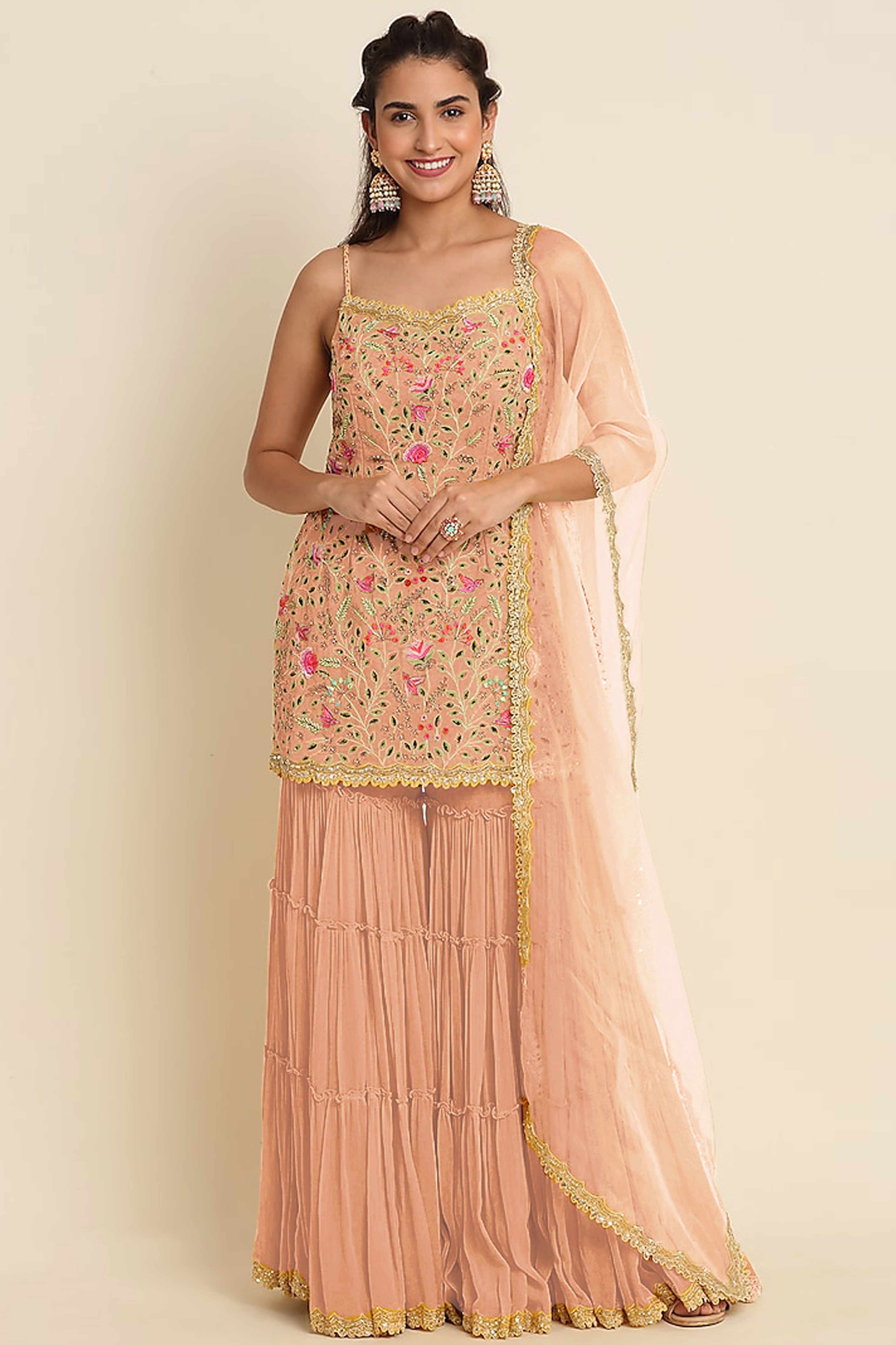 Peach Floral Sequins Embroidered Georgette Semi Stitched Suit