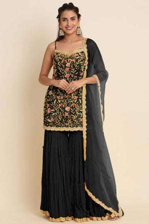 Black Floral Sequins Embroidered Georgette Semi Stitched Suit