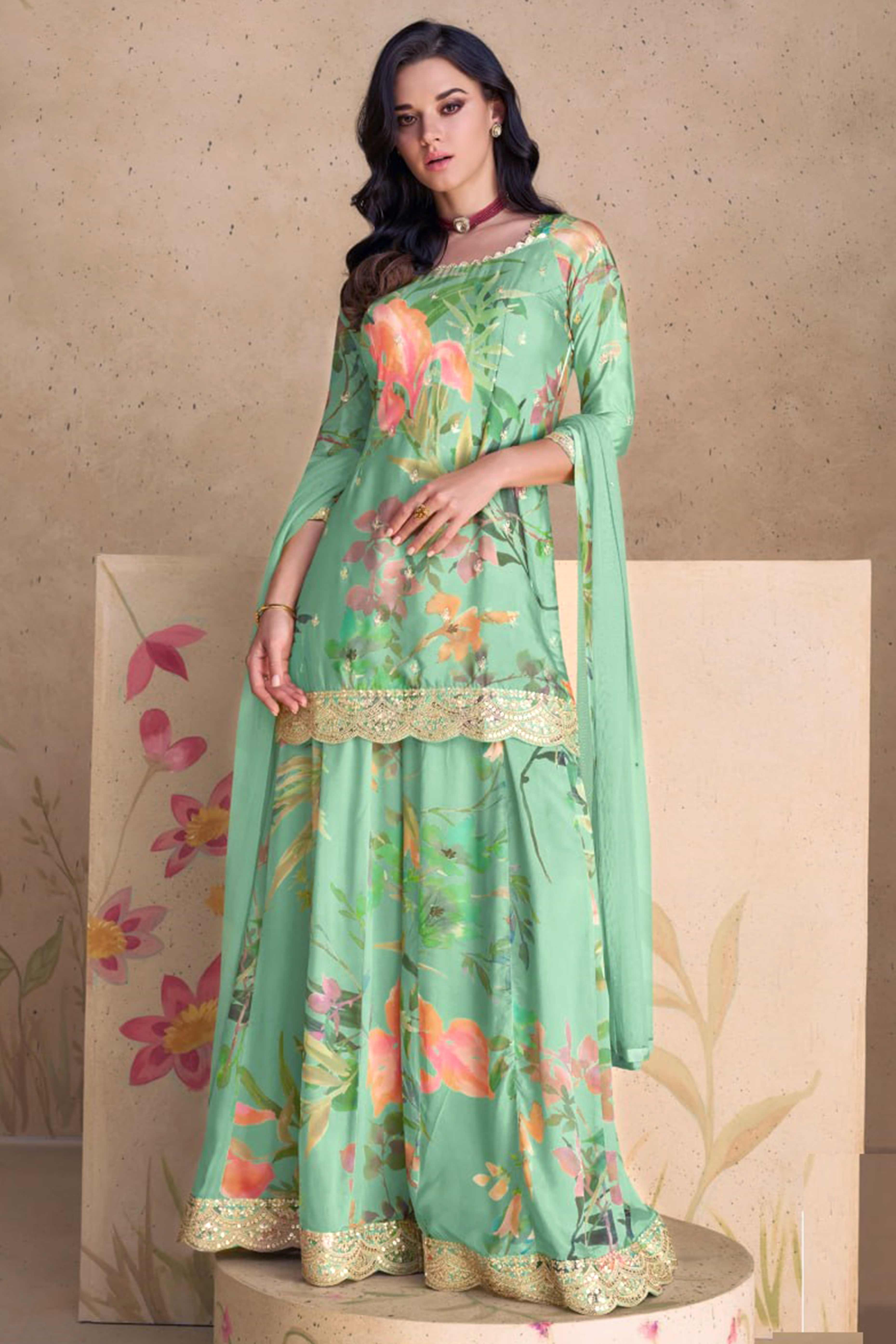 Turquoise Floral Digital Print With Sequins Embroidered Chinon Palazzo Suit