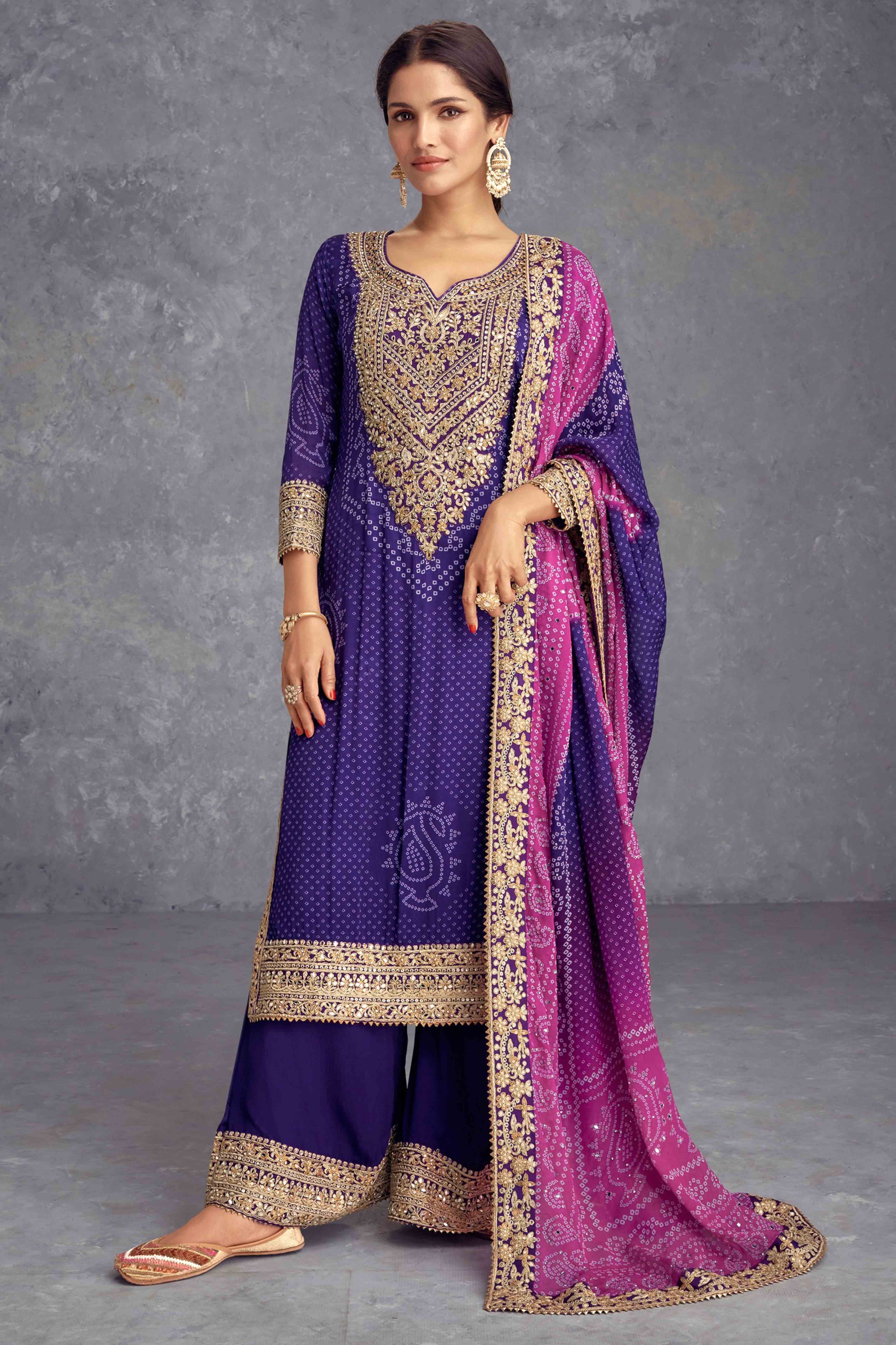 Violet Bandhani Digital Print With Sequins & Mirror Work Chinon Palazzo Suit
