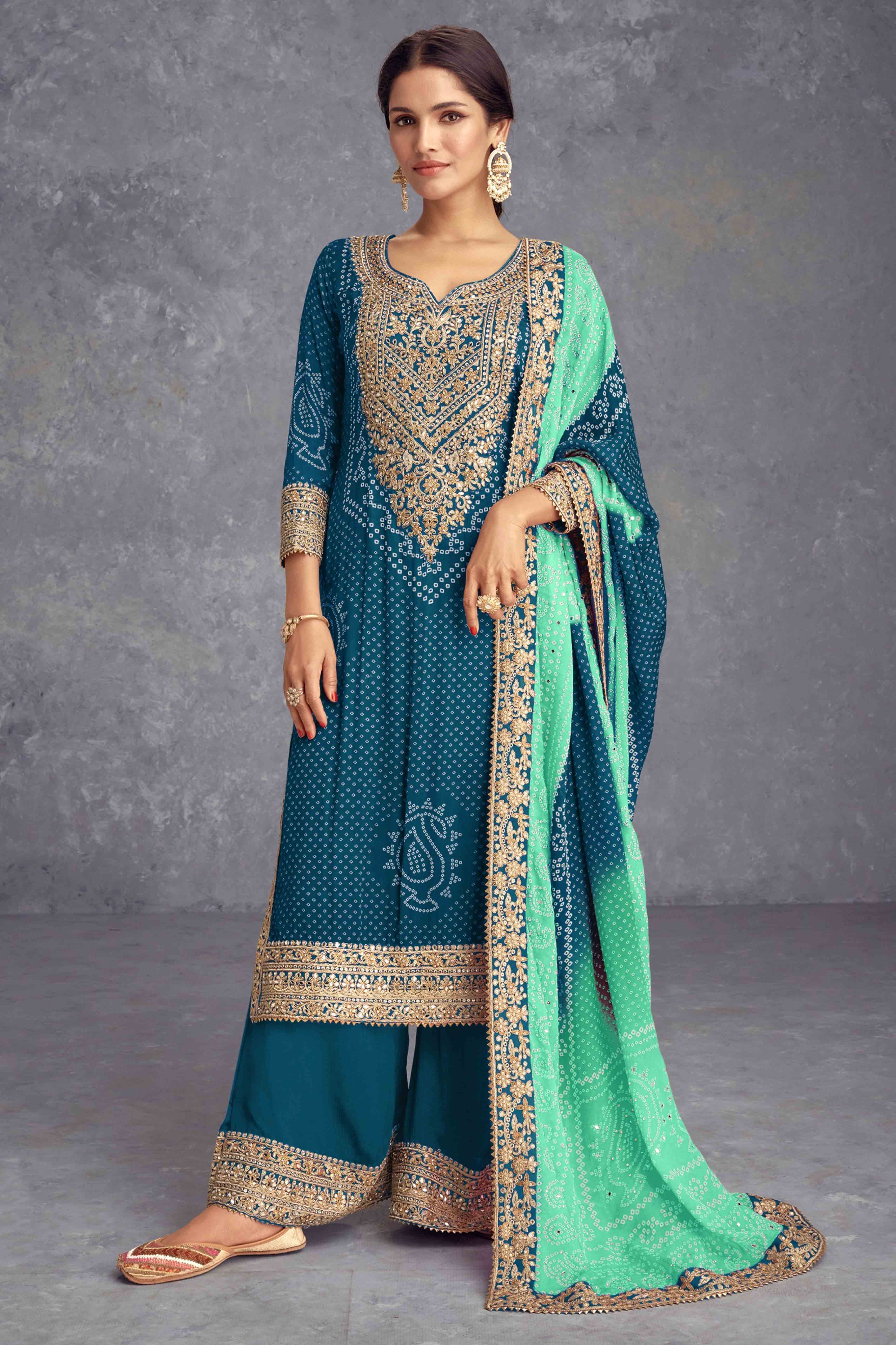 Teal Bandhani Digital Print With Sequins & Mirror Work Chinon Palazzo Suit