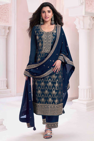 Blue Floral Embroidered Jacquard Viscose Semi Stitched Suit