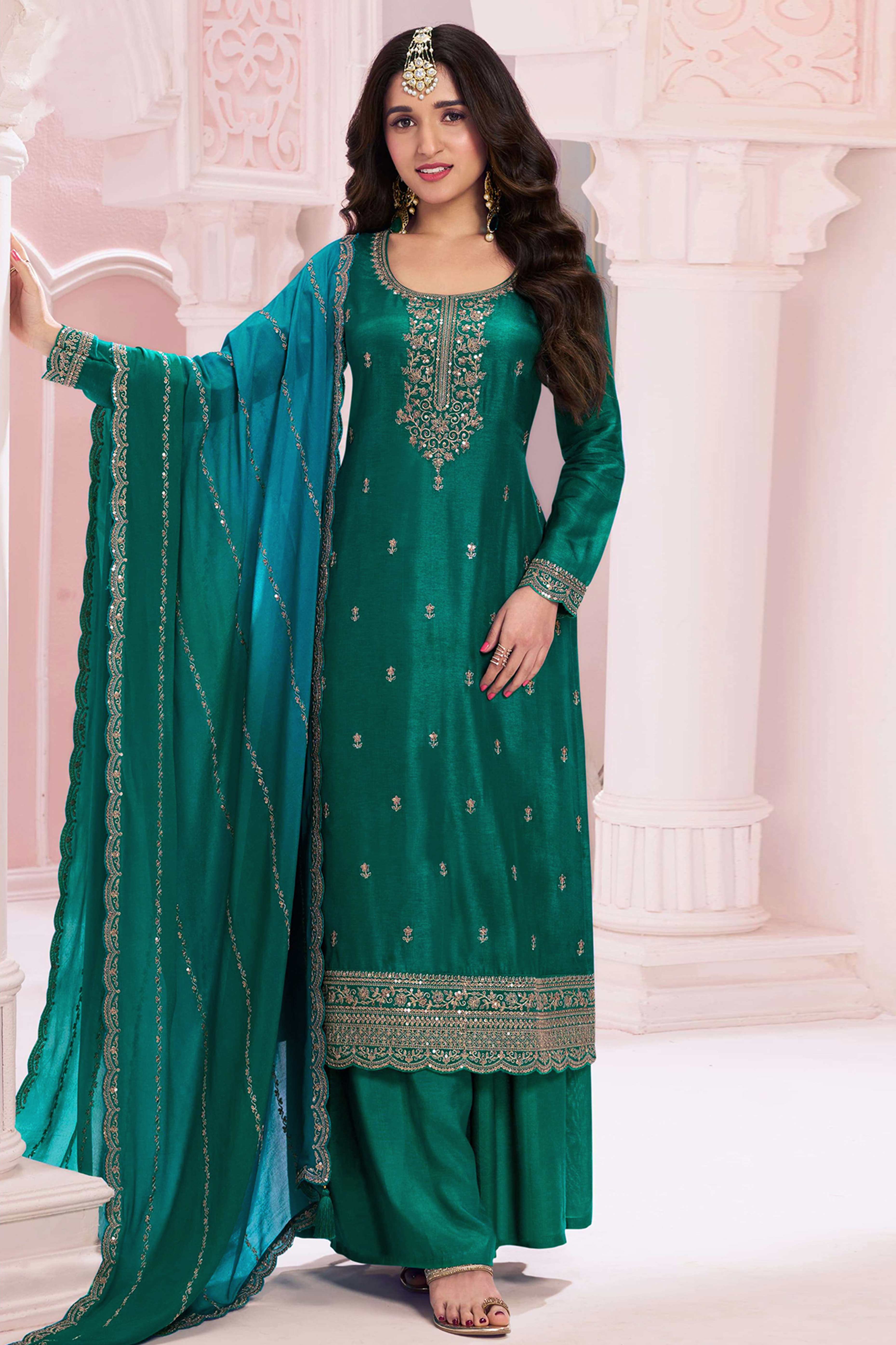 Green Sequins Embroidered Butti Vichitra Silk Semi Stitched Salwar Suit