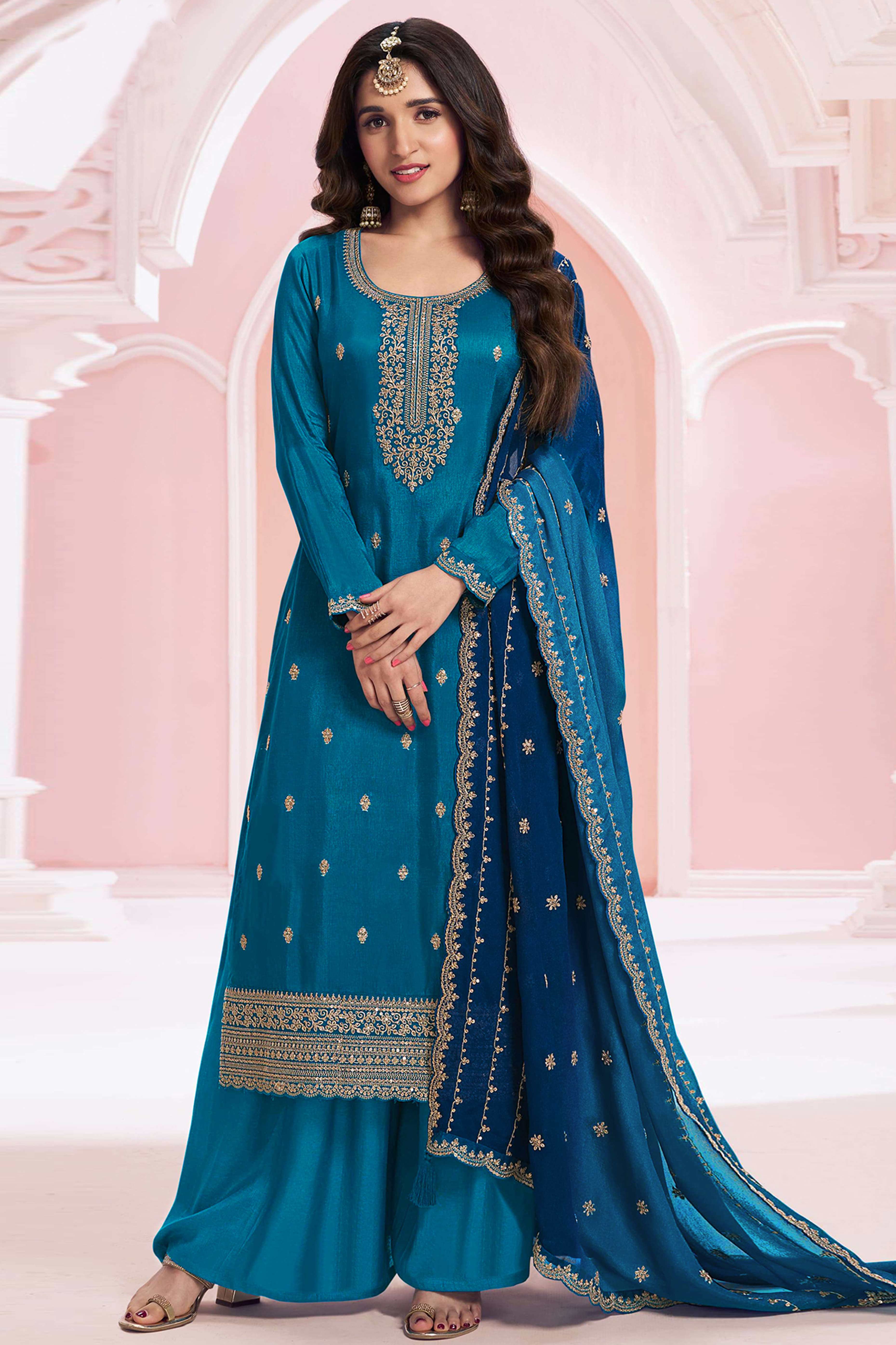 Blue Sequins Embroidered Butti Vichitra Silk Semi Stitched Salwar Suit