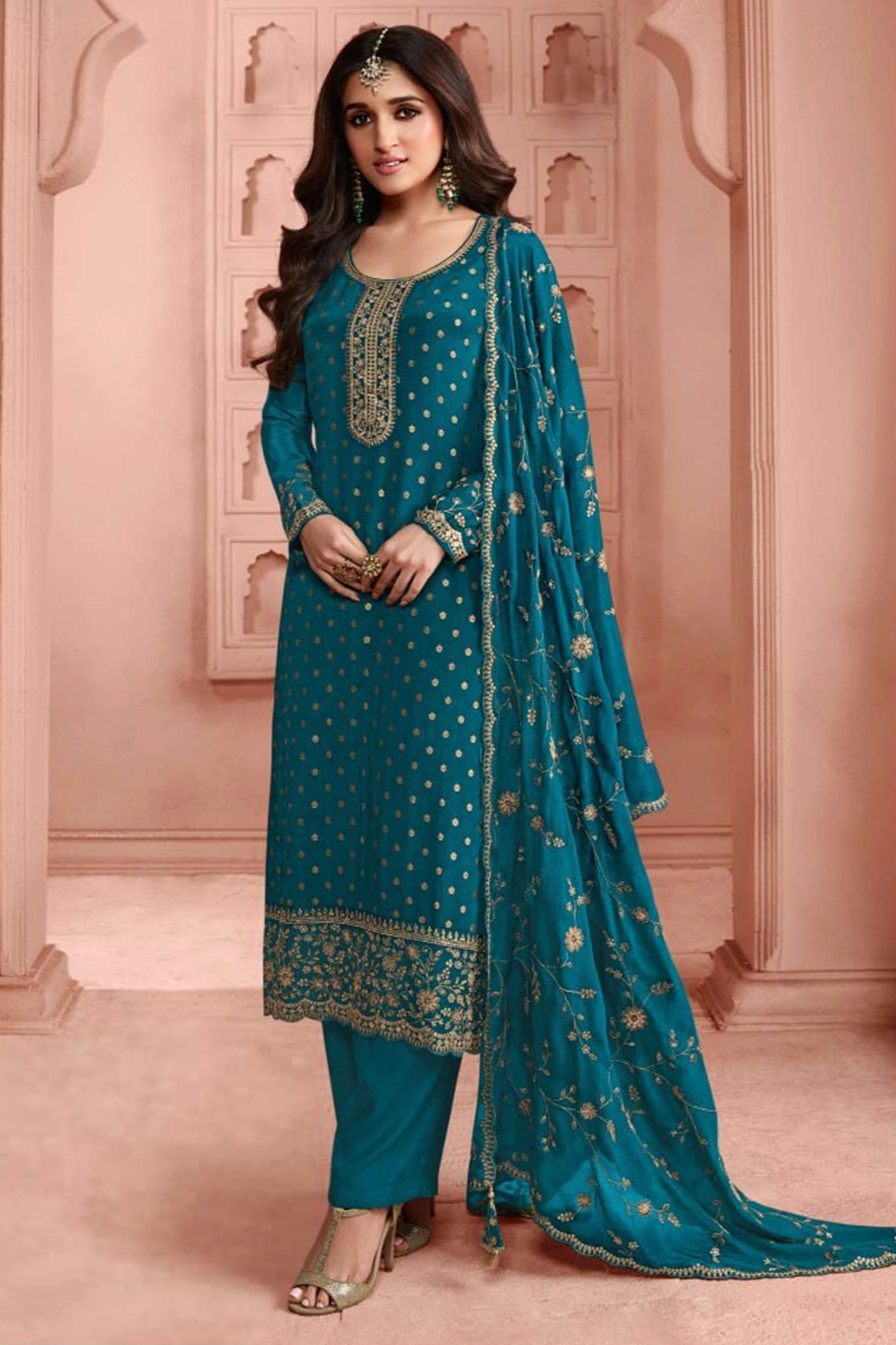 Teal Dola Jacquard Silk Semi Stitched Salwar Suit with Heavy Embroidery
