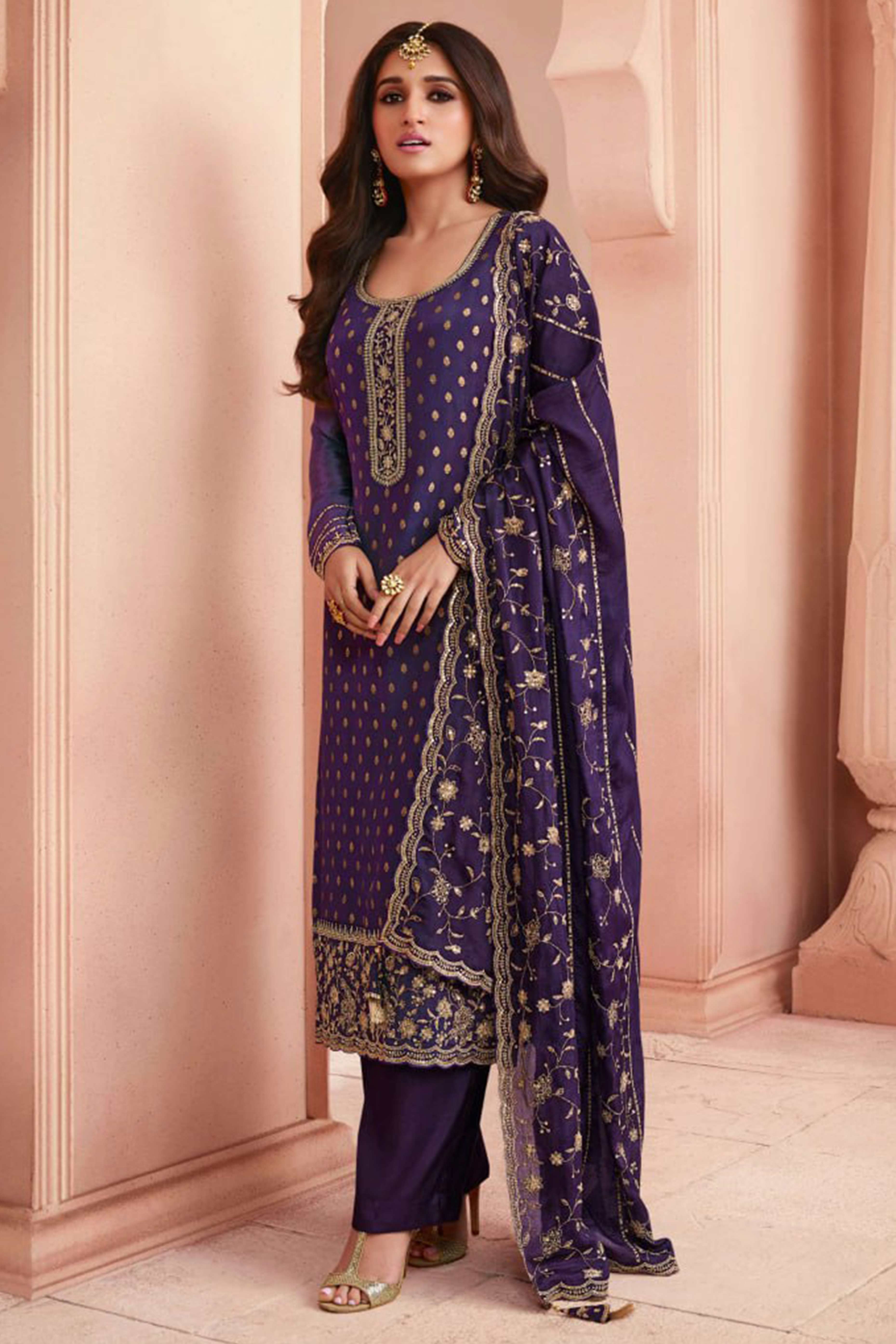Dark Purple Dola Jacquard Silk Semi Stitched Salwar Suit with Heavy Embroidery