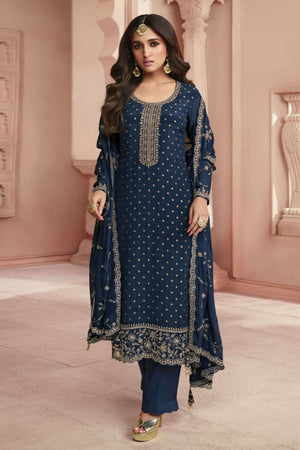 Blue Dola Jacquard Silk Semi Stitched Salwar Suit with Heavy Embroidery