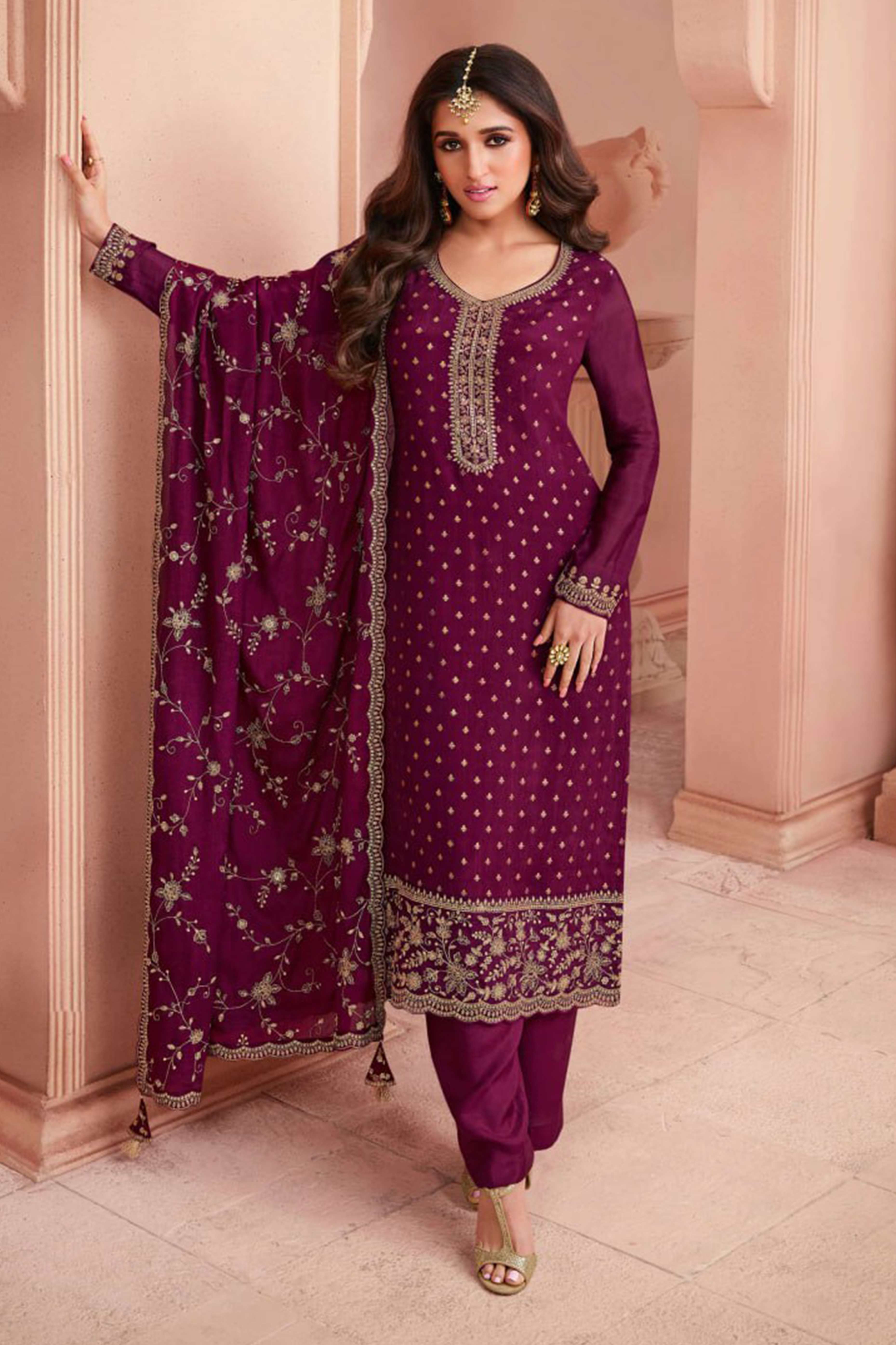 Wine Dola Jacquard Silk Semi Stitched Salwar Suit with Heavy Embroidery