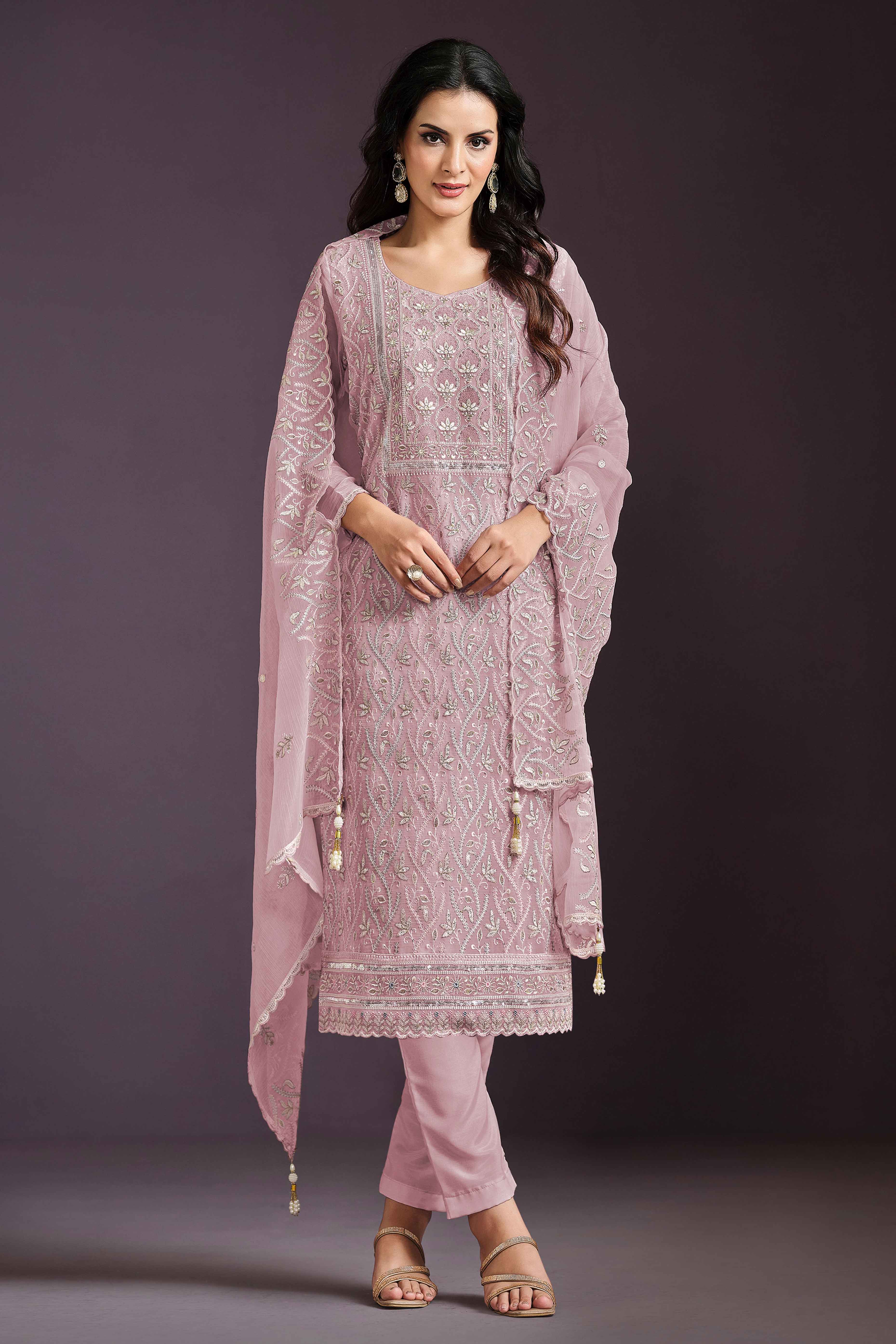 Pink Chinon Silk Semi Stitched Suit With Floral Thread Embroidery & Sequin