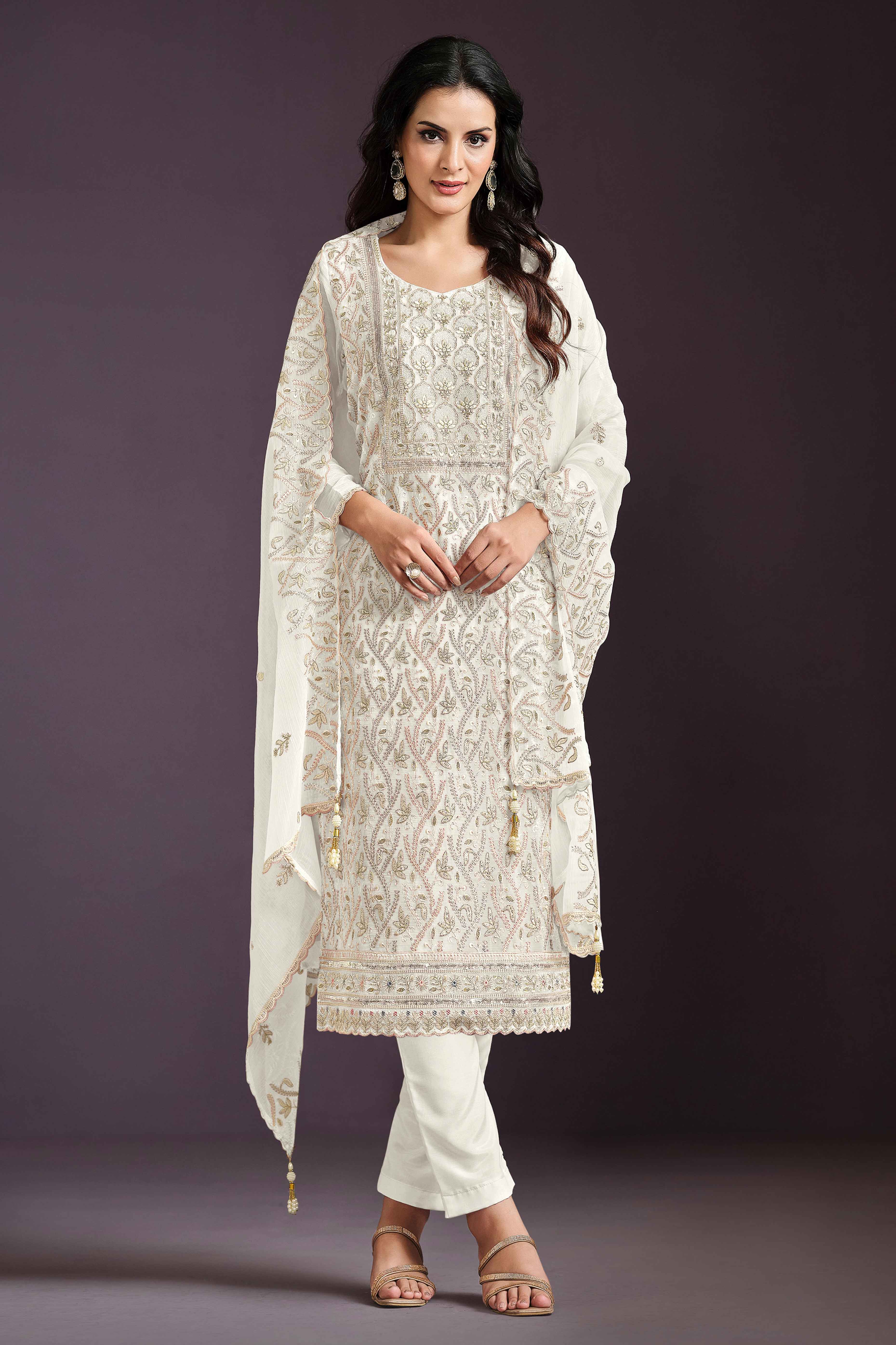 White Chinon Silk Semi Stitched Suit With Floral Thread Embroidery & Sequin