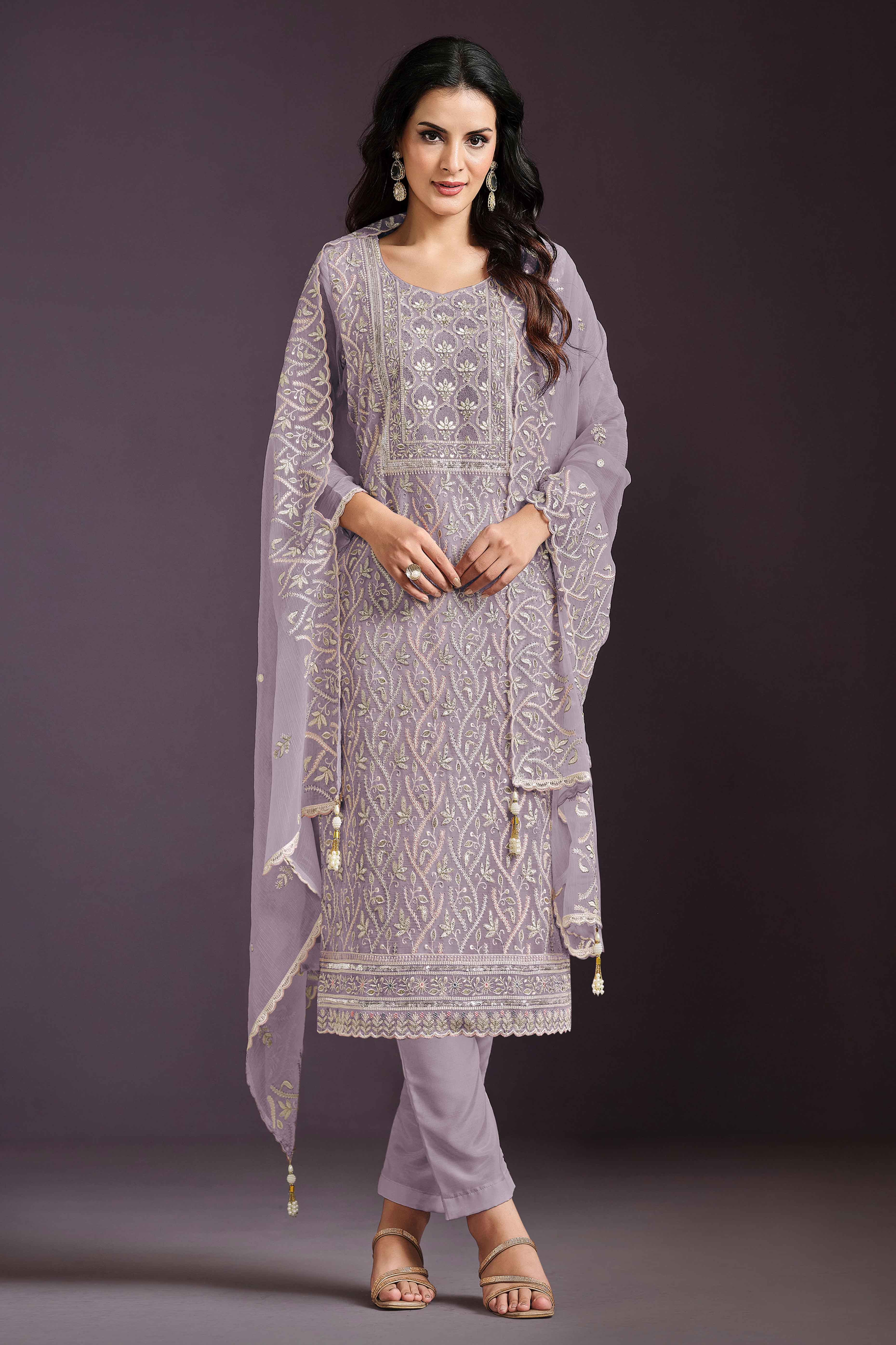 Lavender Chinon Silk Semi Stitched Suit With Floral Thread Embroidery & Sequin