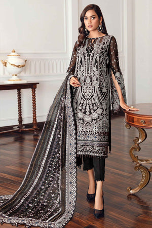 Black Georgette Semi Stitched Suit With Floral White Embroidery & Zarkan Work