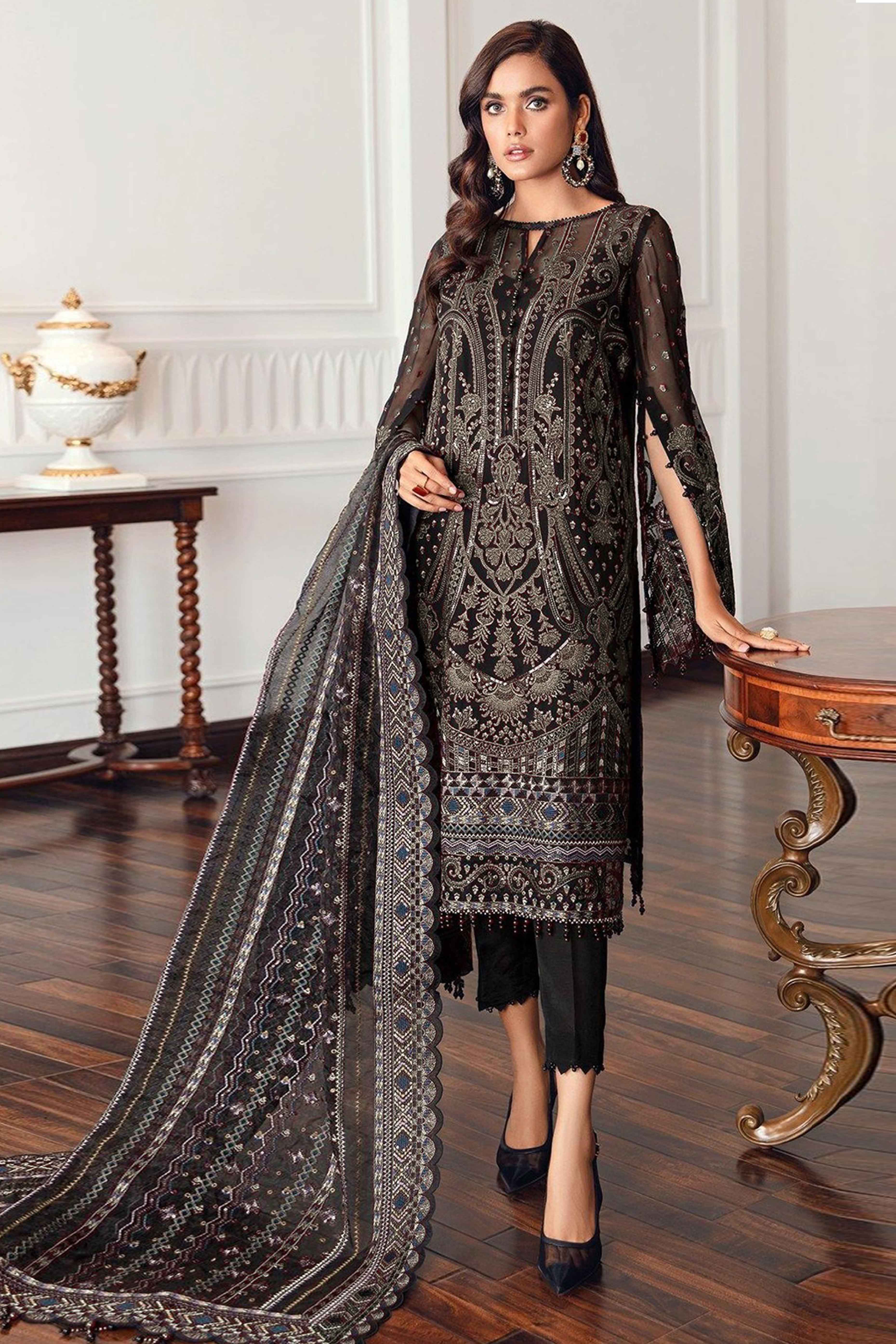Black Georgette Semi Stitched Suit With Floral Coffee Embroidery & Zarkan Work