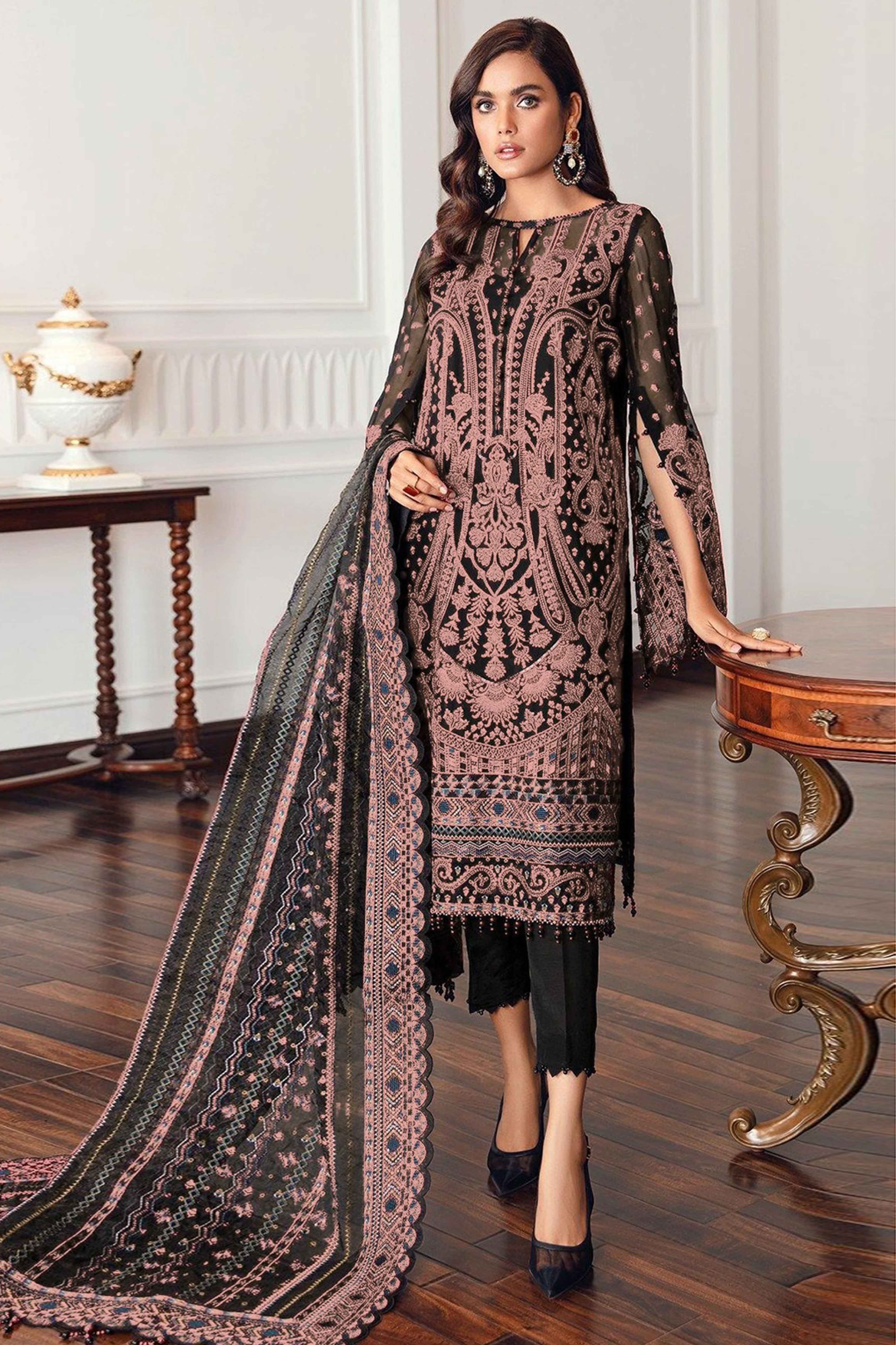 Black Georgette Semi Stitched Suit With Floral Pink Embroidery & Zarkan Work