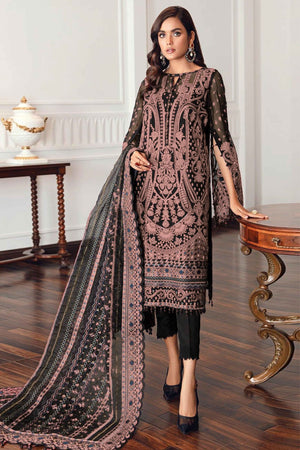 Black Georgette Semi Stitched Suit With Floral Pink Embroidery & Zarkan Work
