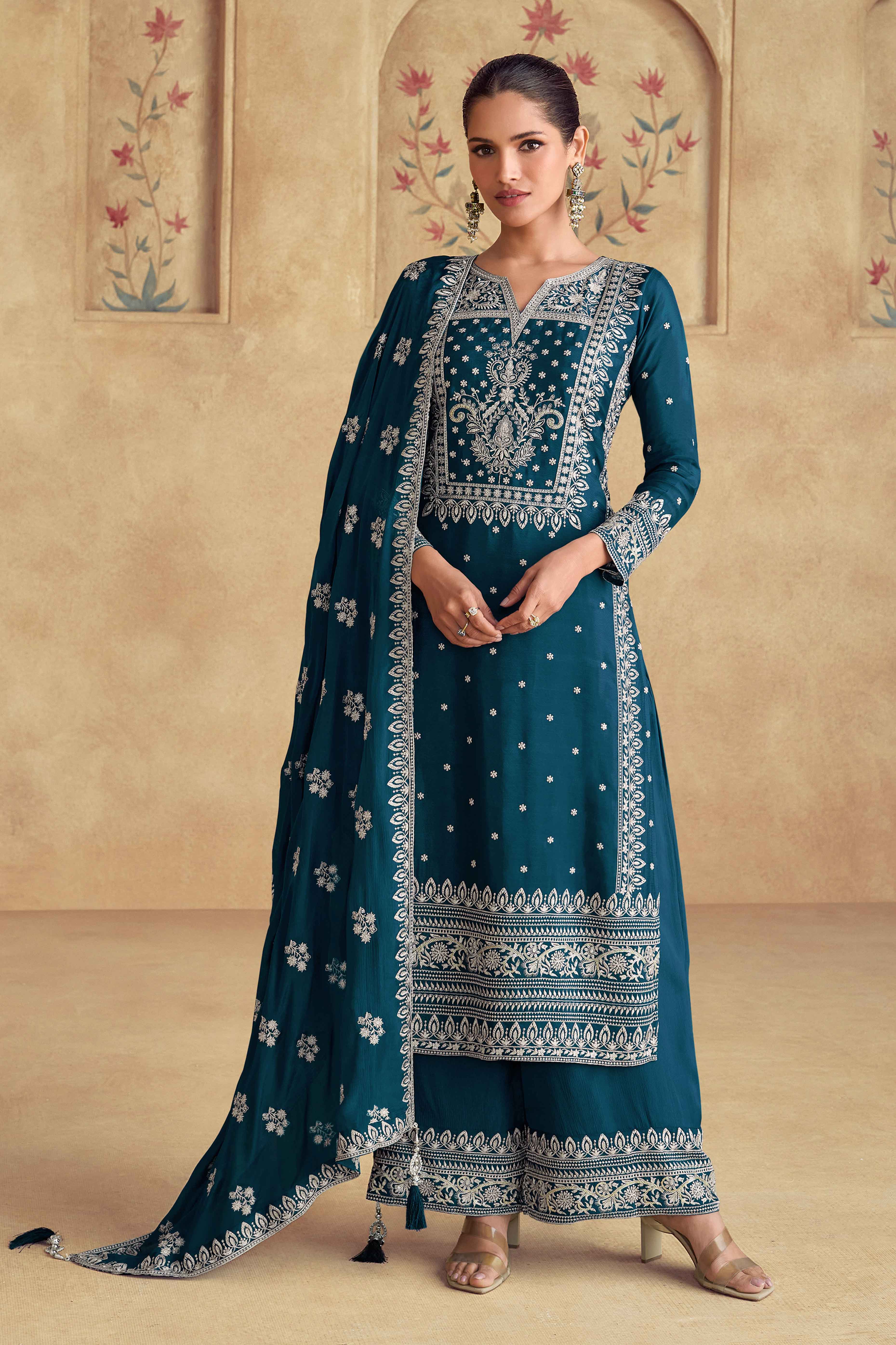 Opulent Aura Teal Semi-Stitched Georgette Suit With Dazzling Floral Sequin Work