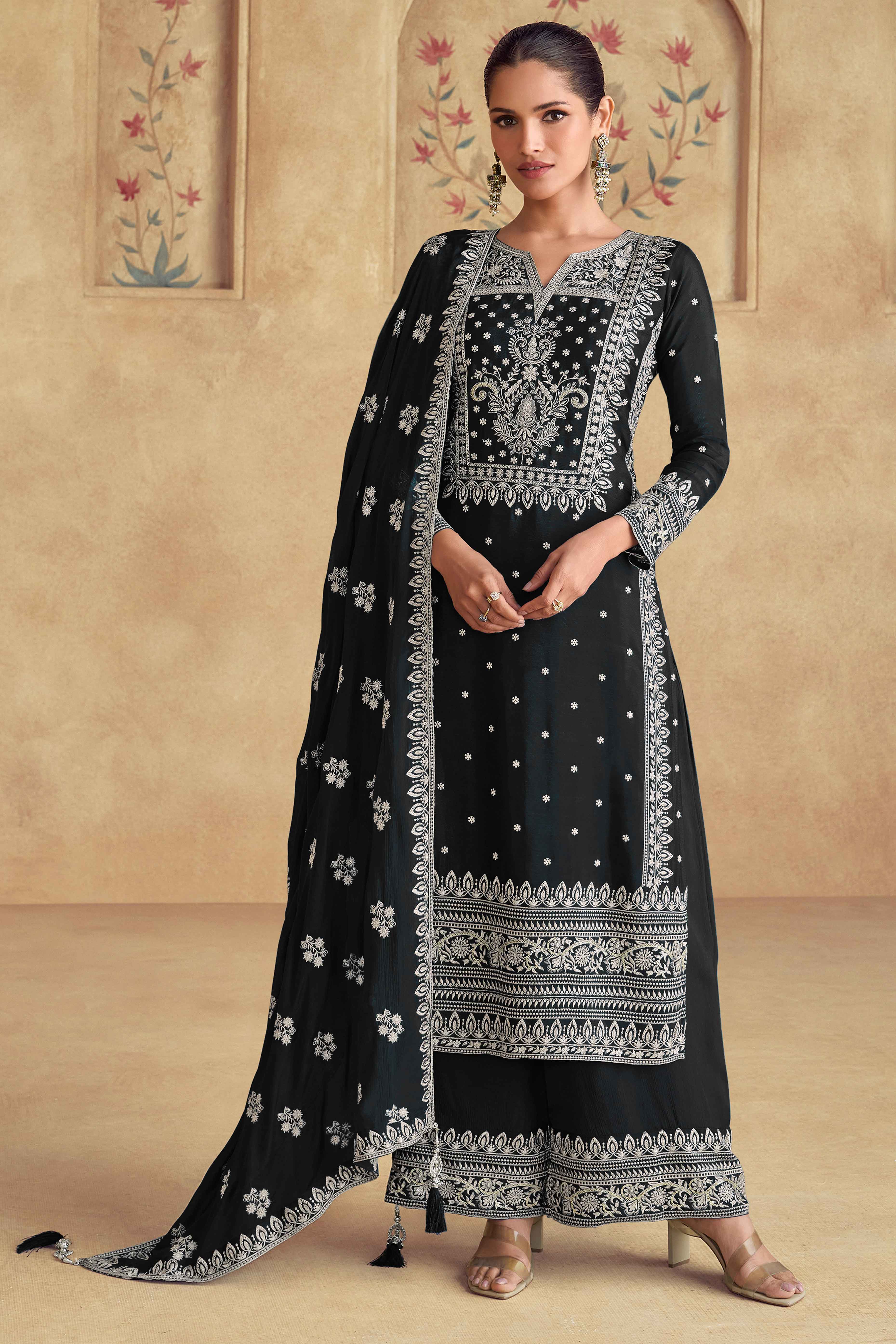 Refreshing Black Semi-Stitched Georgette Suit With Dazzling Floral Sequin Work