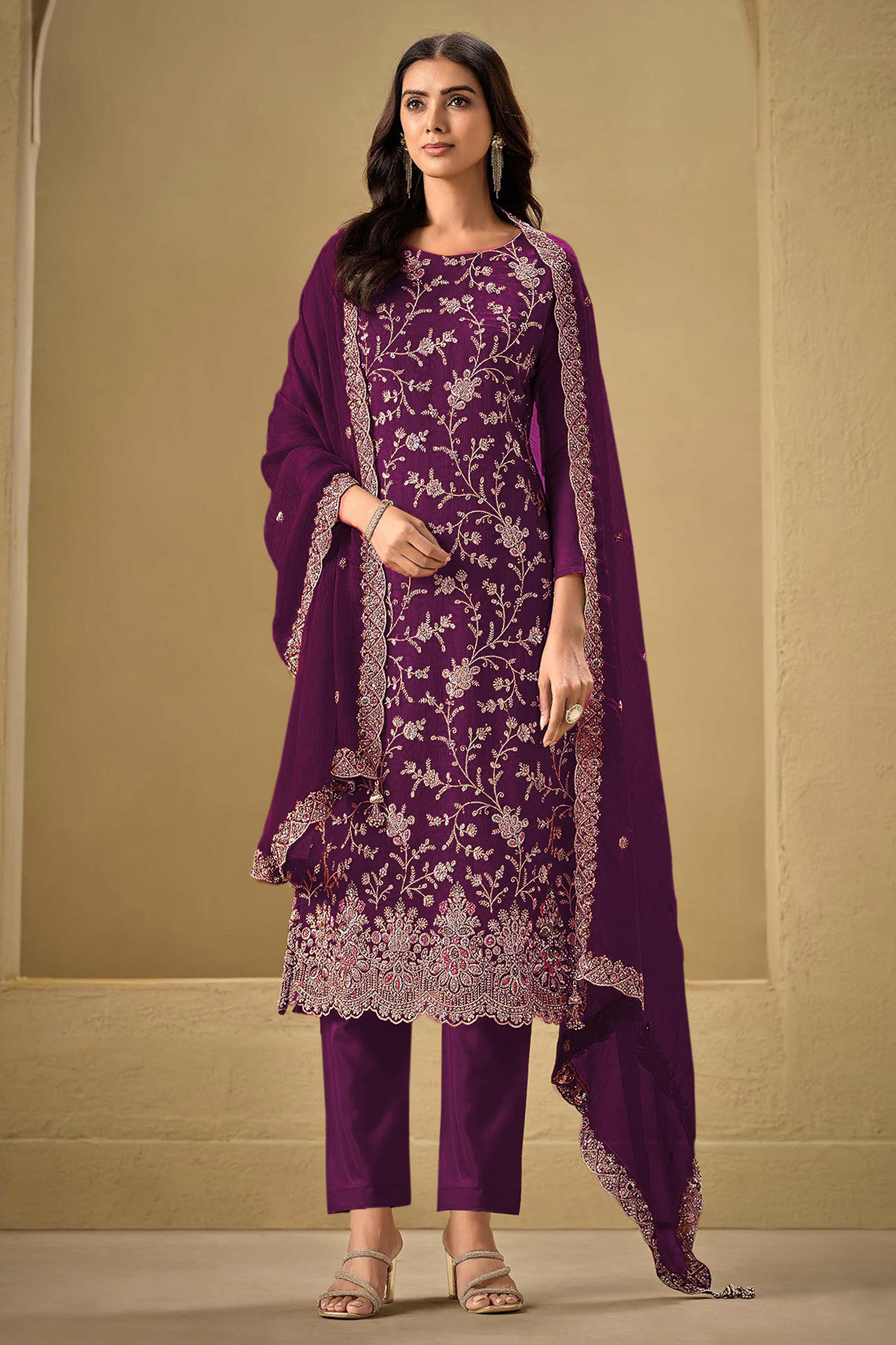 Embroidered Wine Semi Stitched Suit With A Touch of Sequin & Studded Zarkan Work