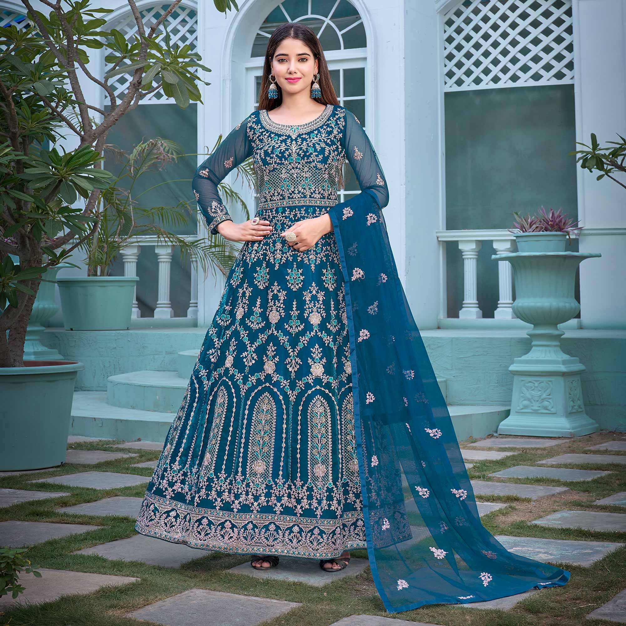 Blue Floral Embroidered Net Semi Stitched Anarkali Suit