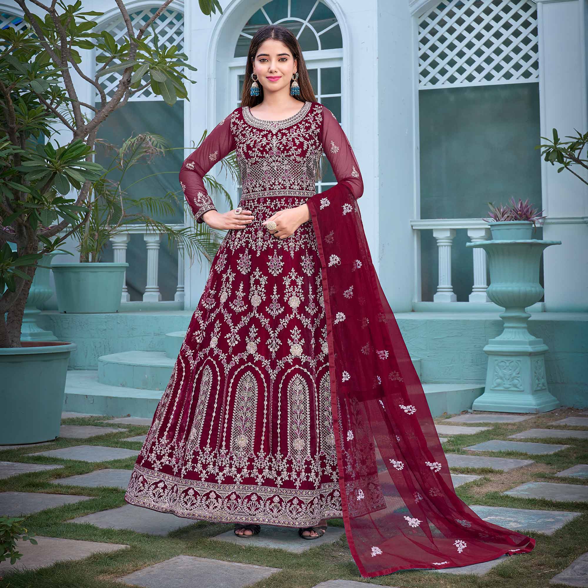 Maroon Floral Embroidered Net Anarkali Suit