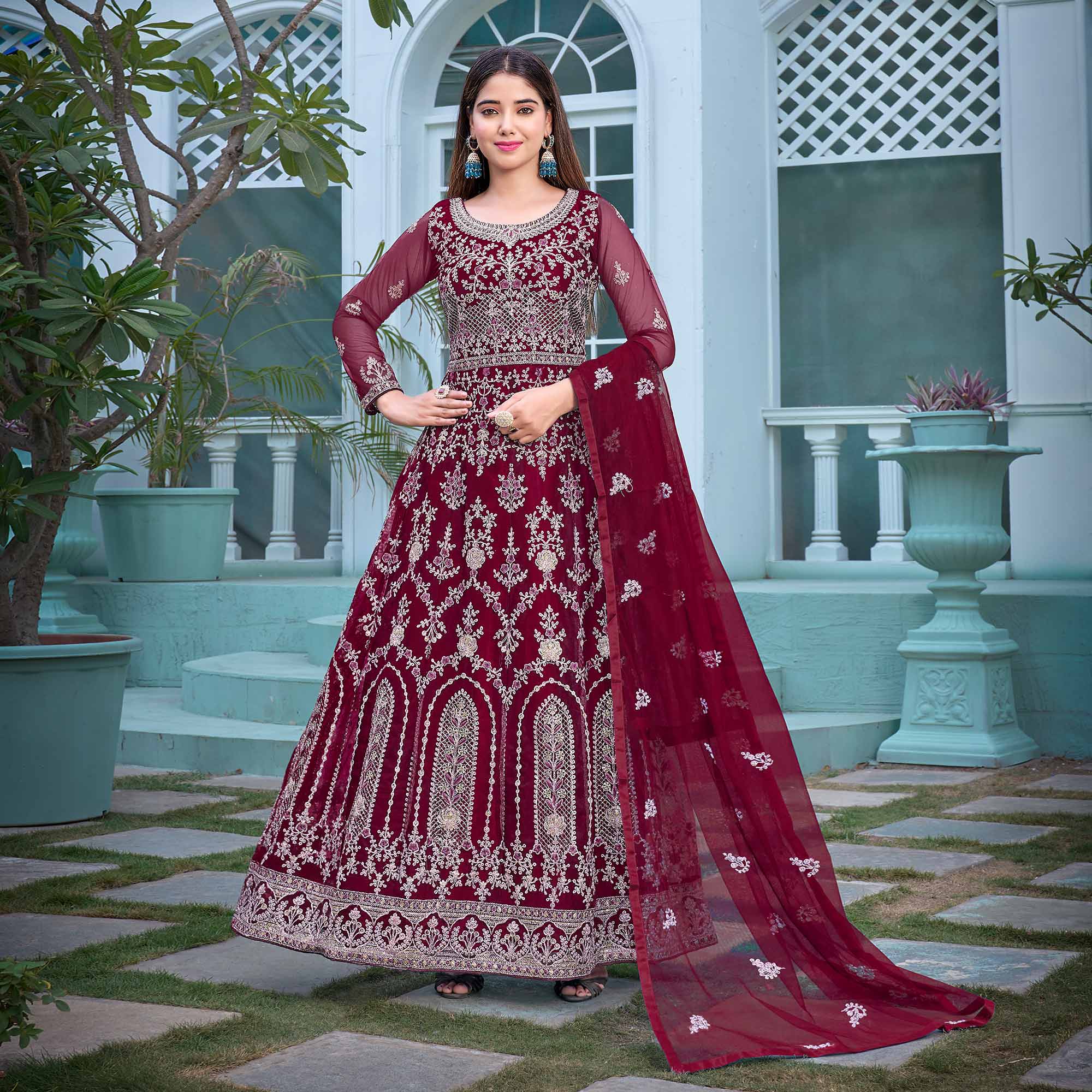 Maroon Floral Embroidered Net Semi Stitched Anarkali Suit