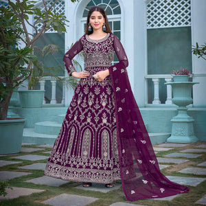 Purple Floral Embroidered Net Semi Stitched Anarkali Suit