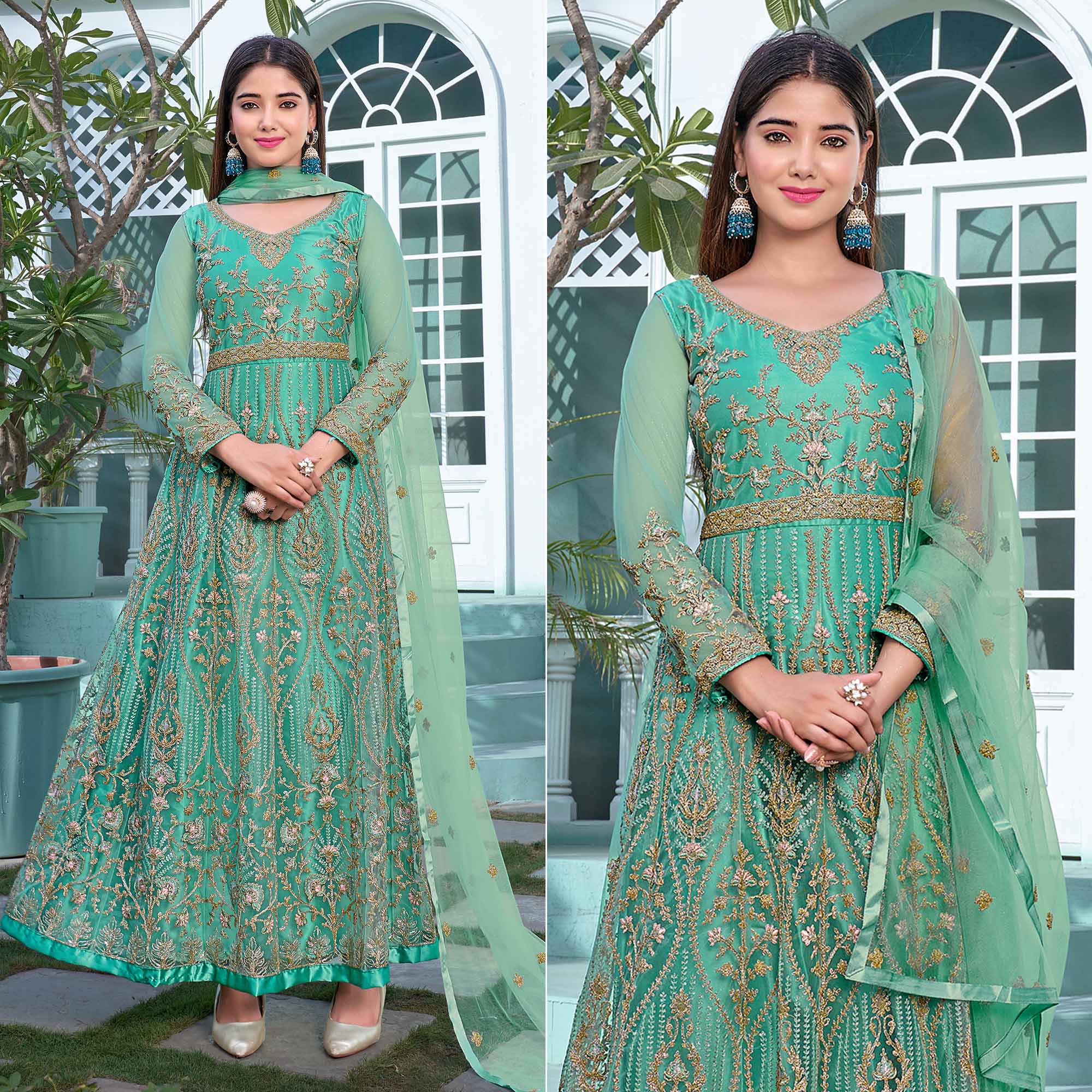 Turquoise Floral Sequins Embroidered Net Anarkali Suit