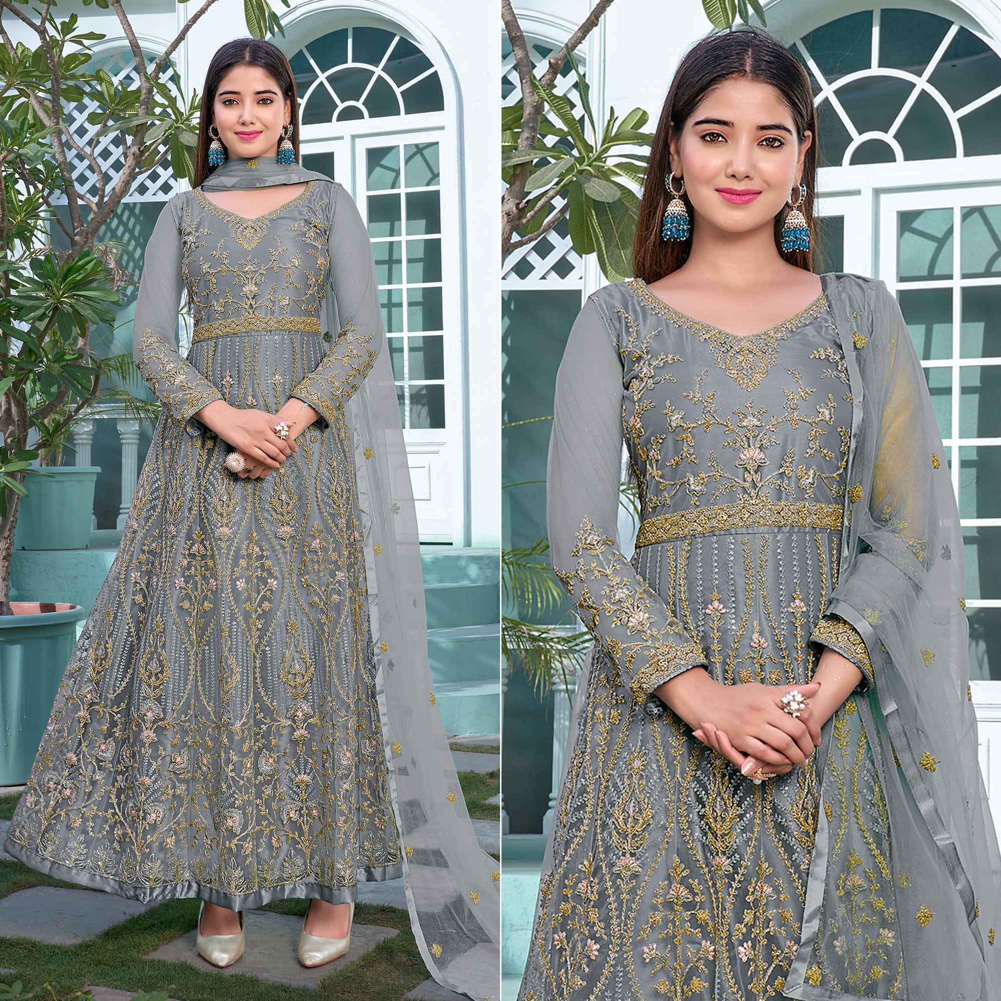 Grey Floral Sequins Embroidered Net Semi Stitched Anarkali Suit