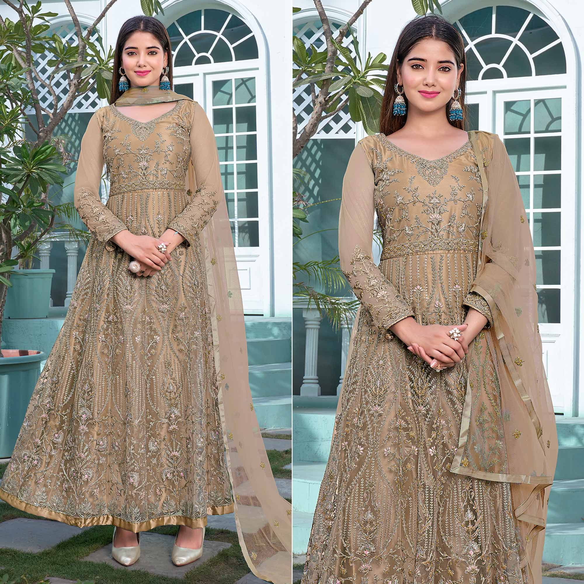 Chikoo Floral Sequins Embroidered Net Semi Stitched Anarkali Suit