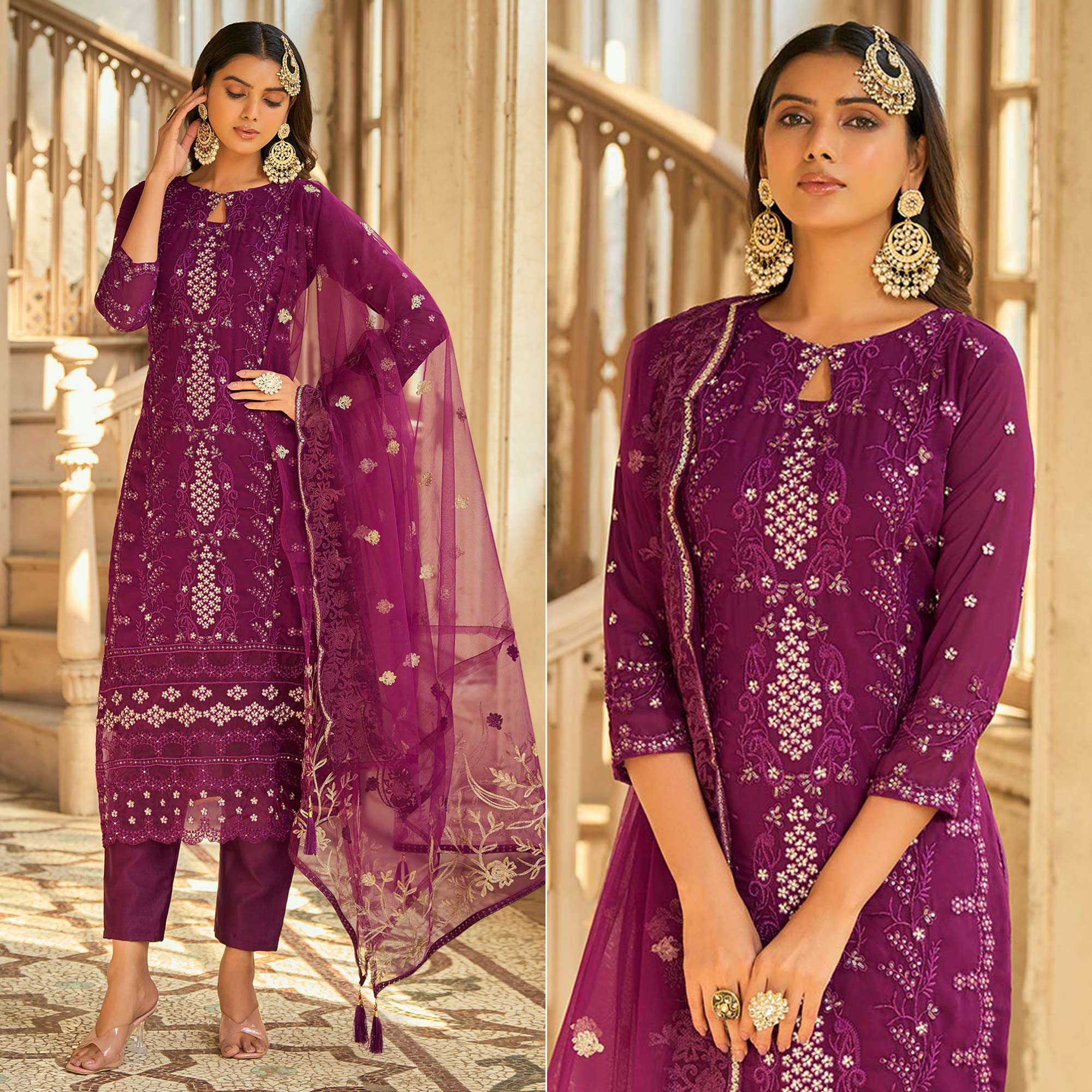 Purple Sequins Embroidered Georgette Semi Stitched Suit