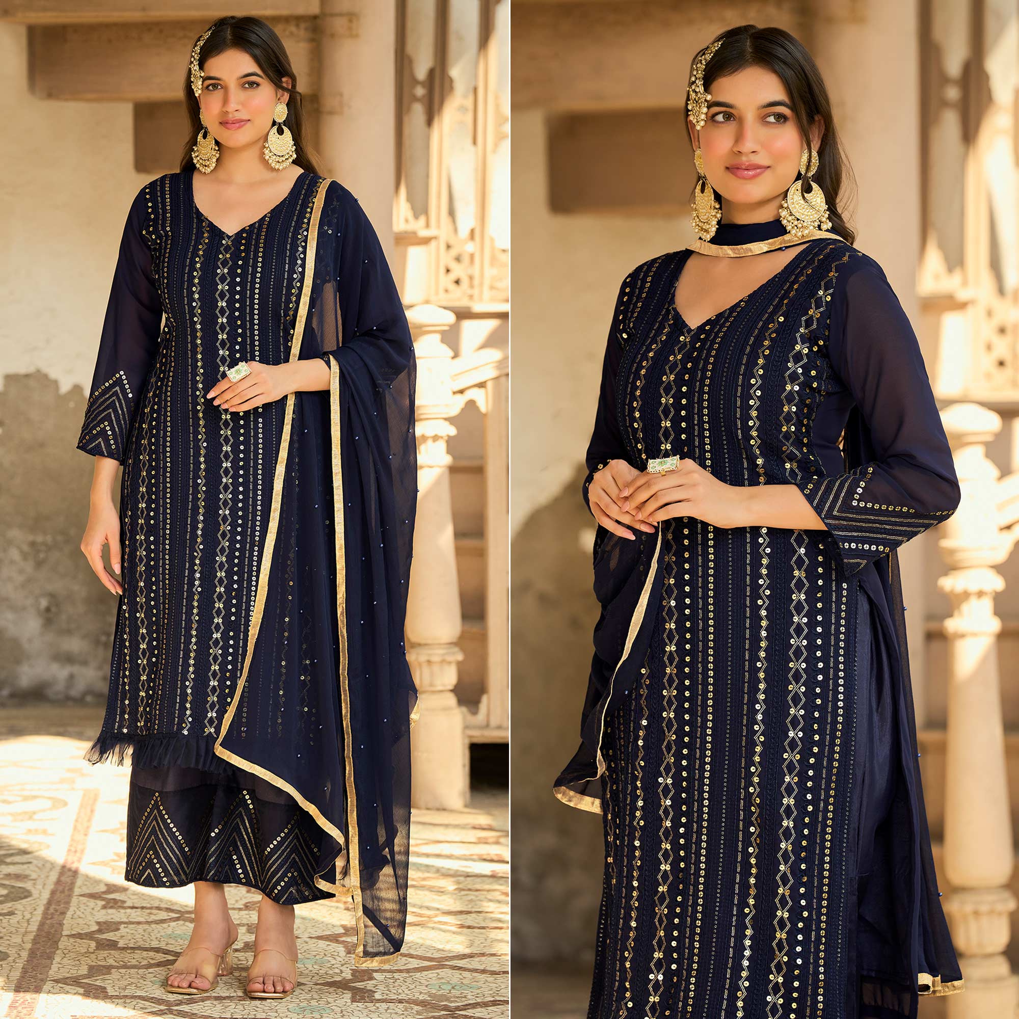 Navy Blue Sequins Embroidered Georgette Semi Stitched Suit