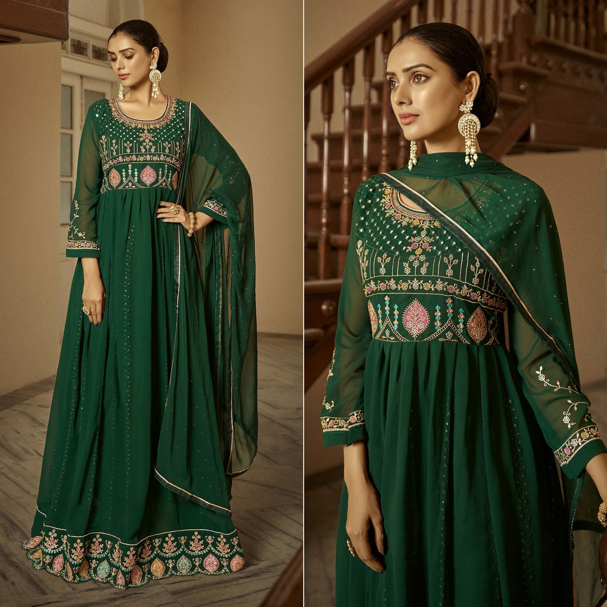 Green Floral Sequins Embroidered Georgette Semi Stitched Anarkali Suit