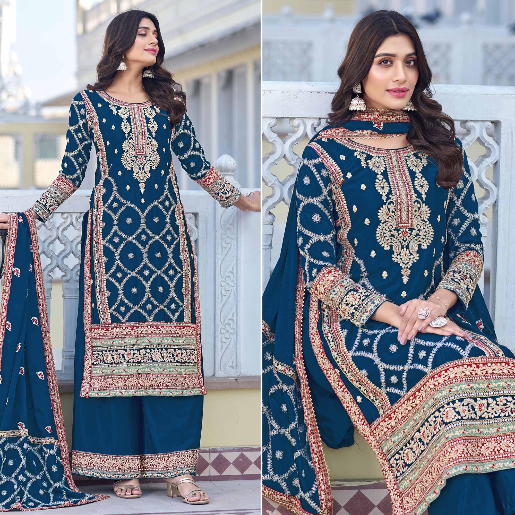 Blue Floral Embroidered Chinon Silk Semi Stitched Suit
