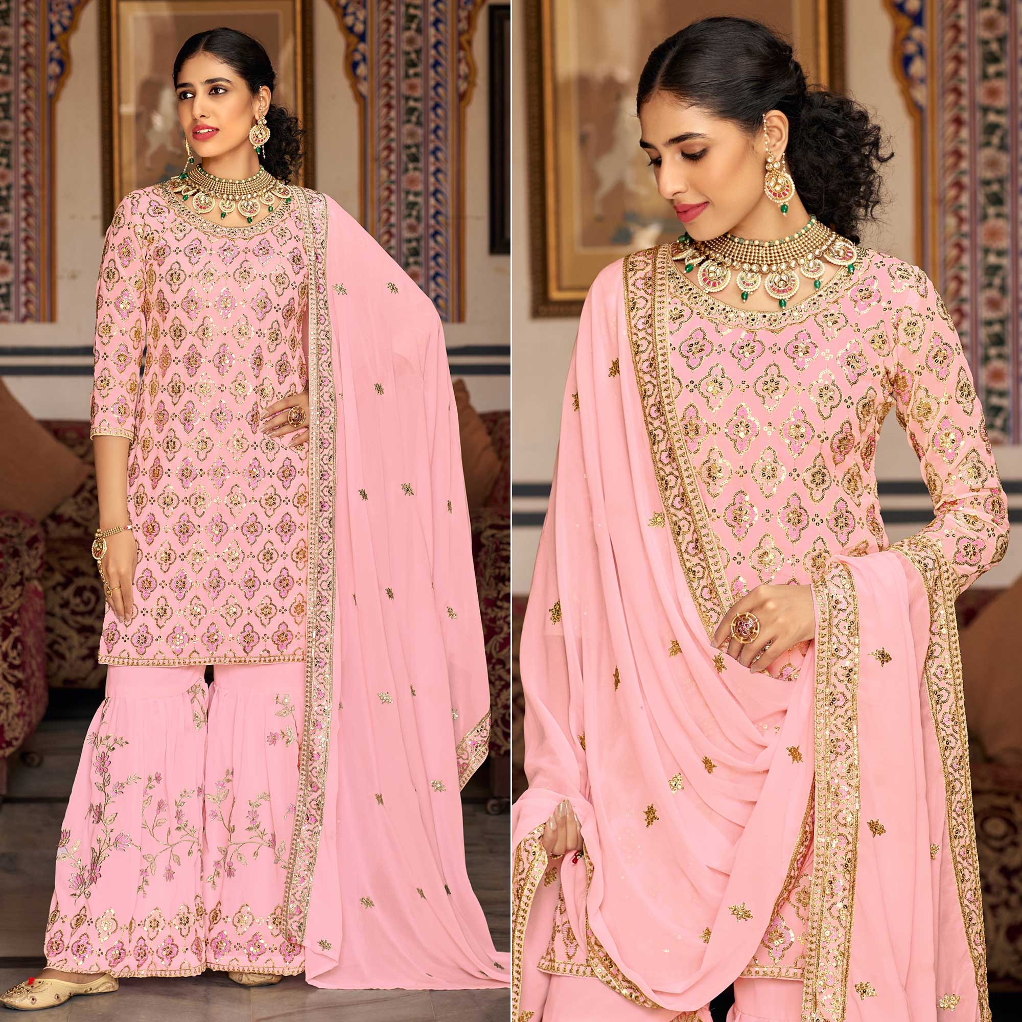 Pink Sequins Embroidered Georgette Semi Stitched Suit
