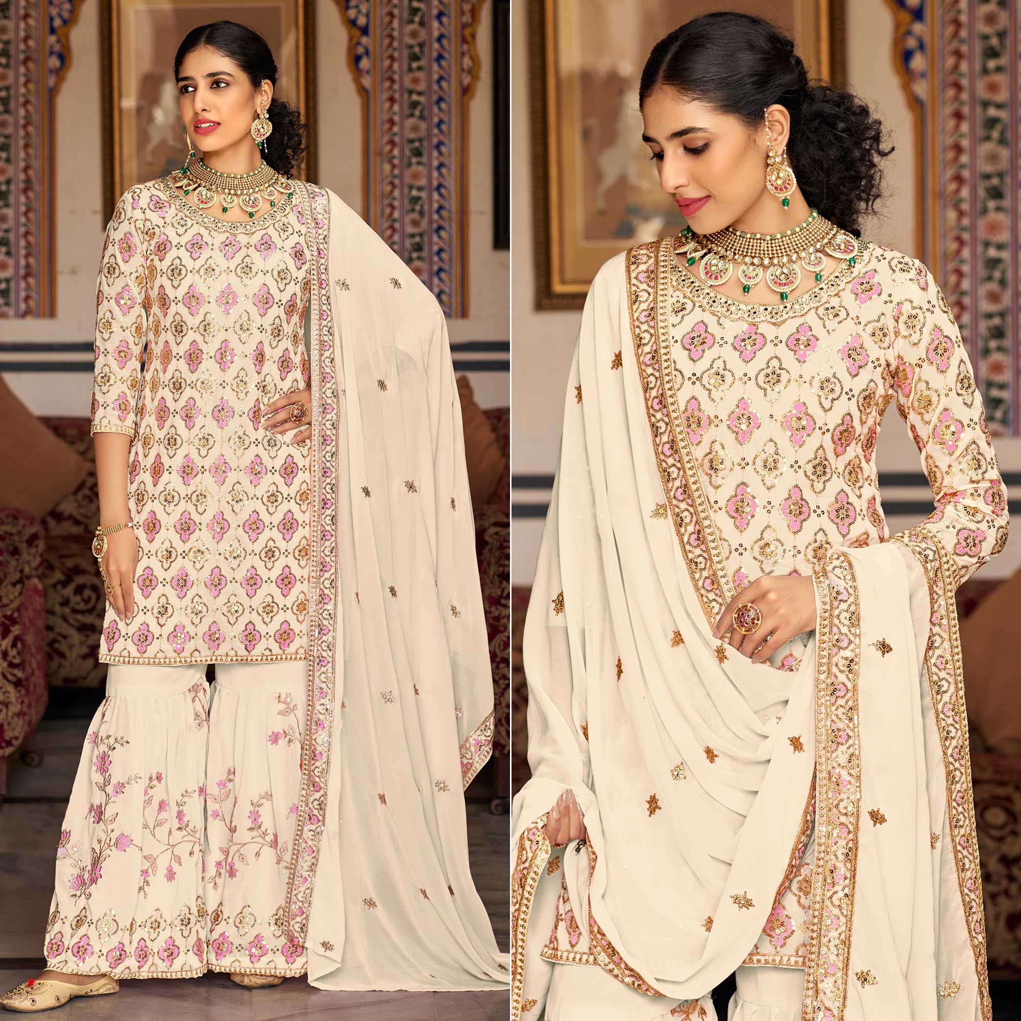 Cream Sequins Embroidered Georgette Semi Stitched Suit