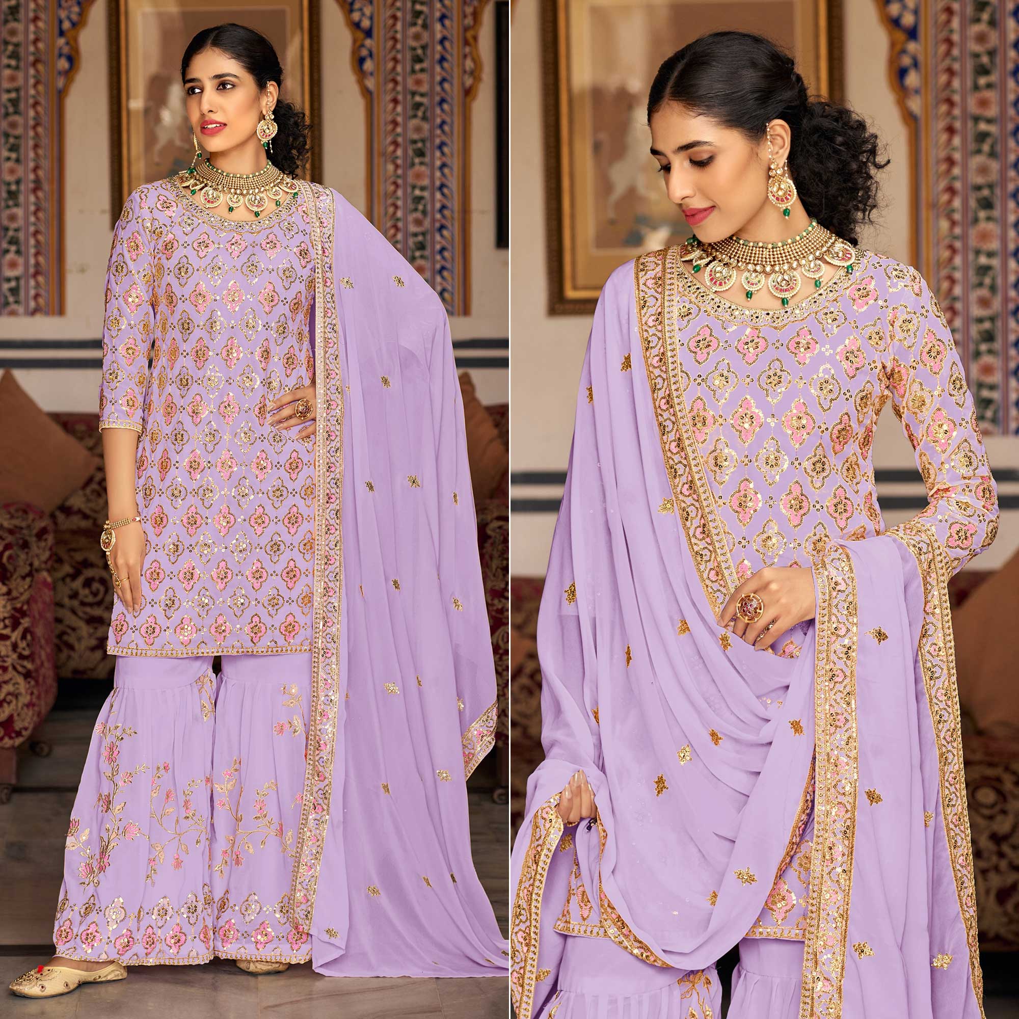 Light Purple Sequins Embroidered Georgette Semi Stitched Suit