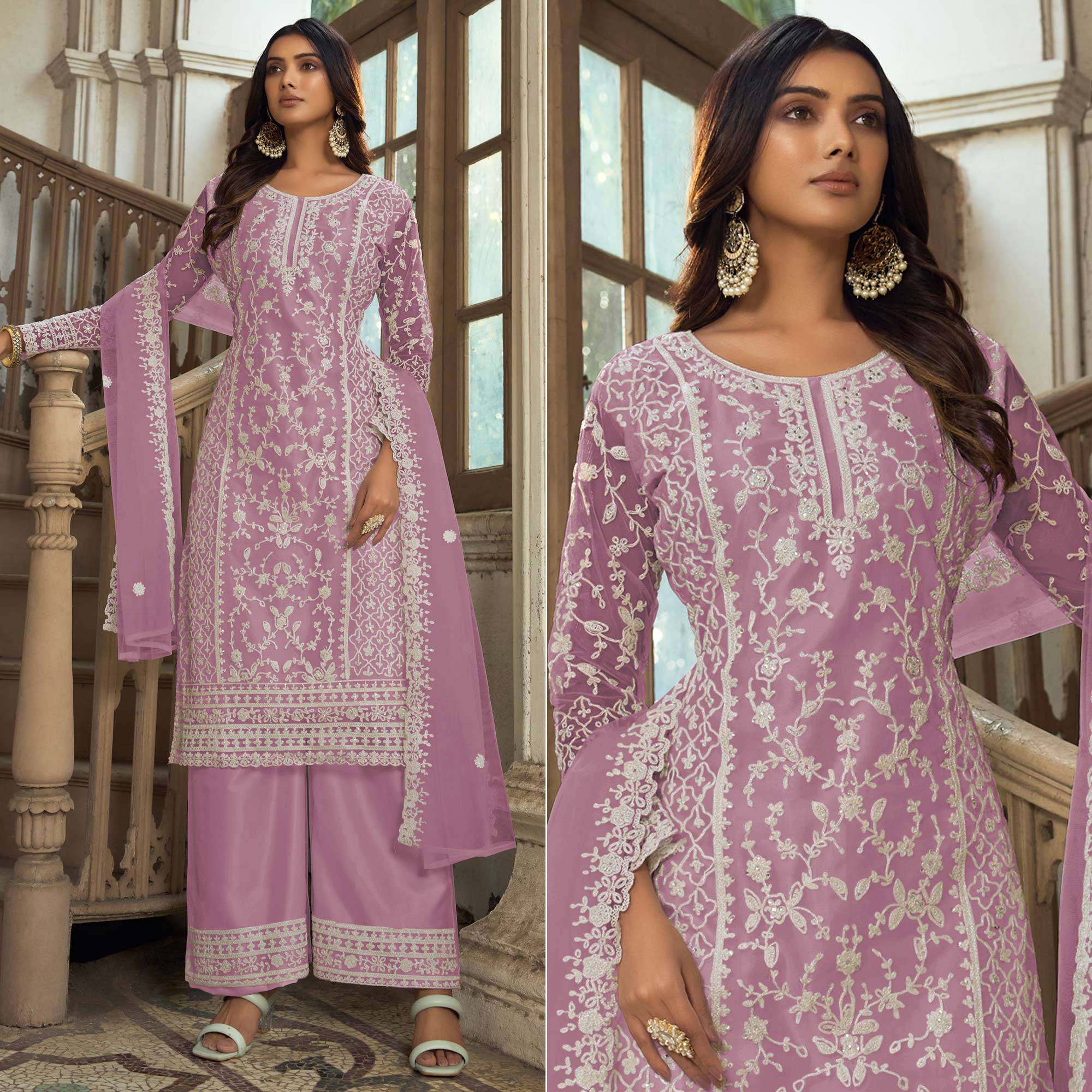 Mauve Floral Embroidered Net Semi Stitched Suit