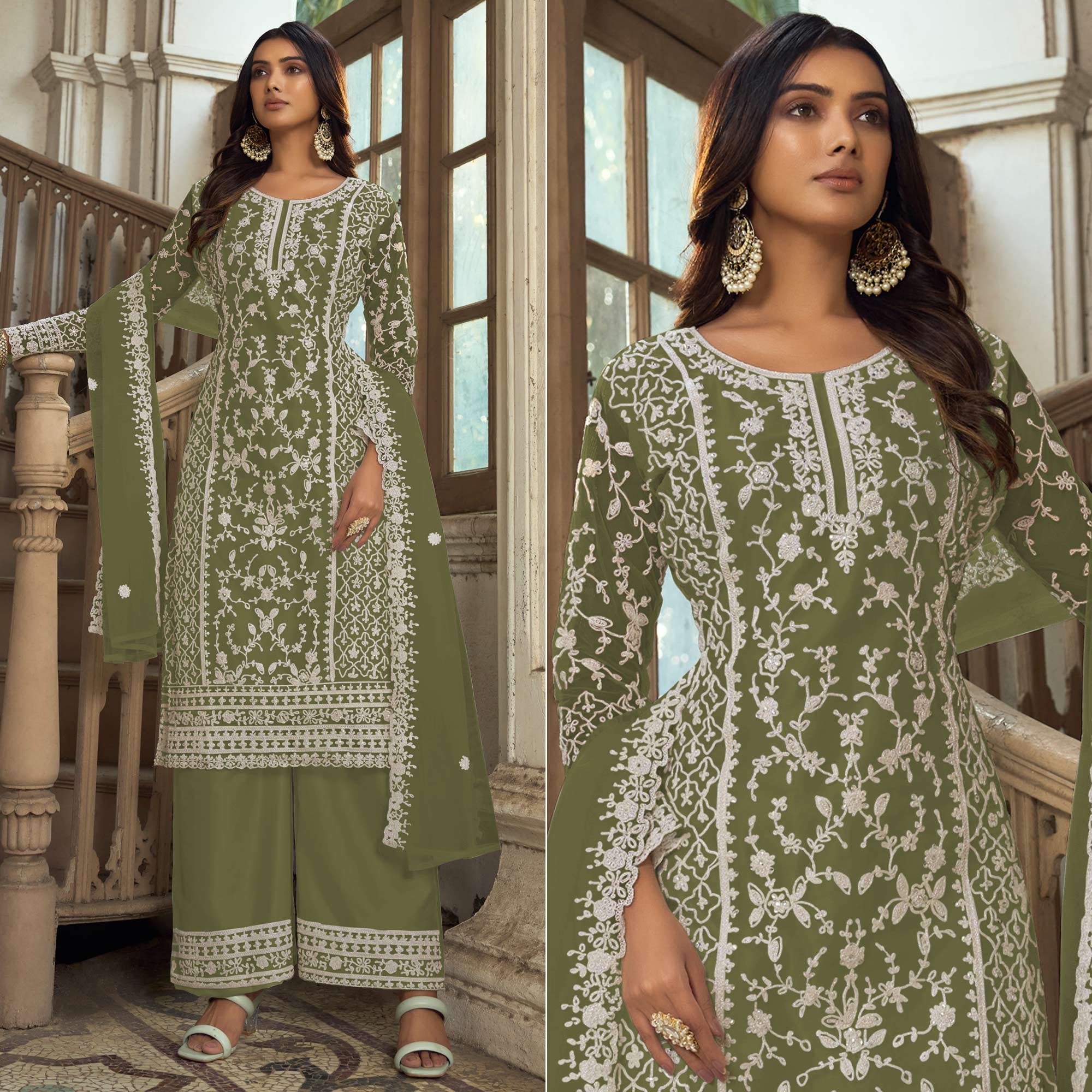 Green Floral Embroidered Net Semi Stitched Suit