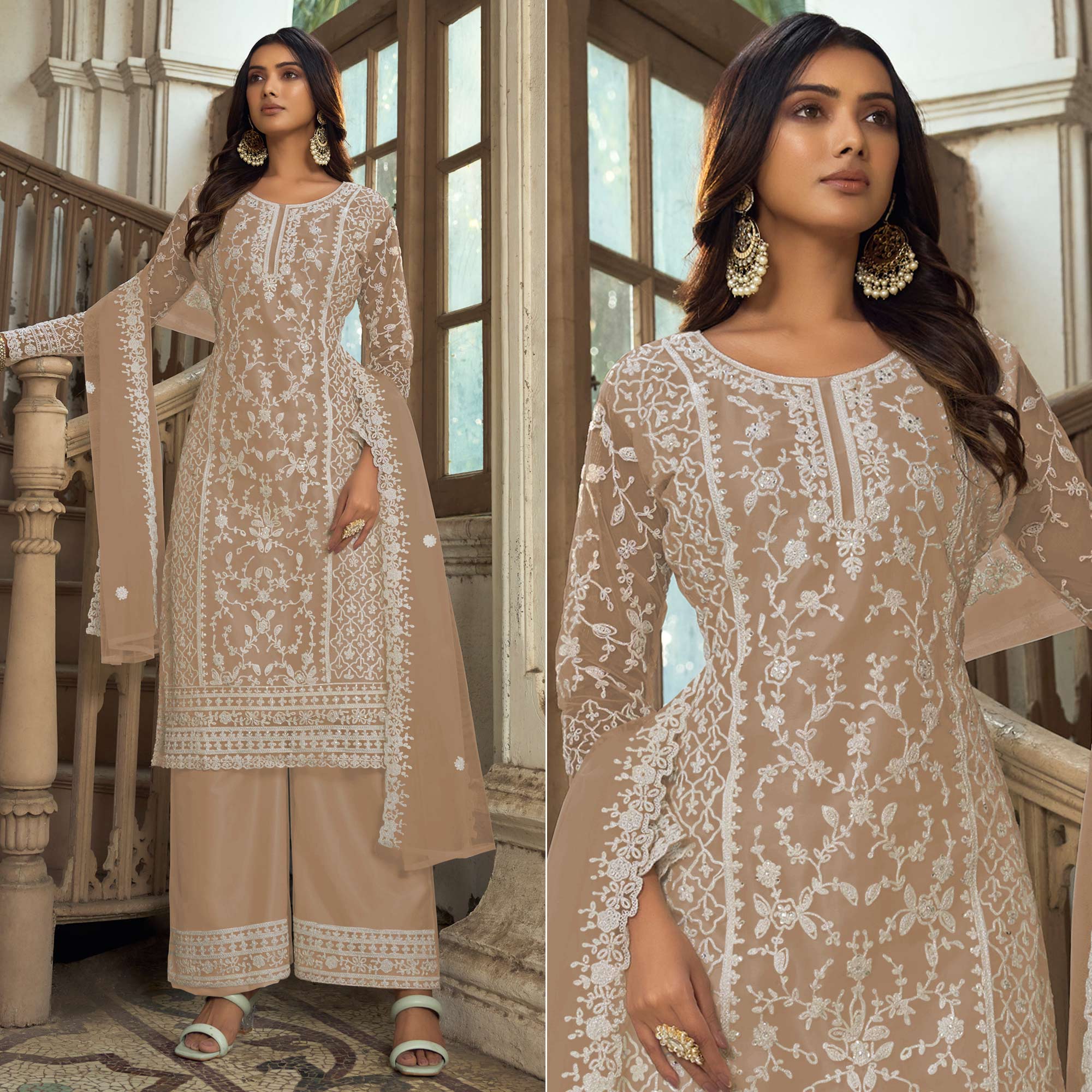 Brown Floral Embroidered Net Semi Stitched Suit