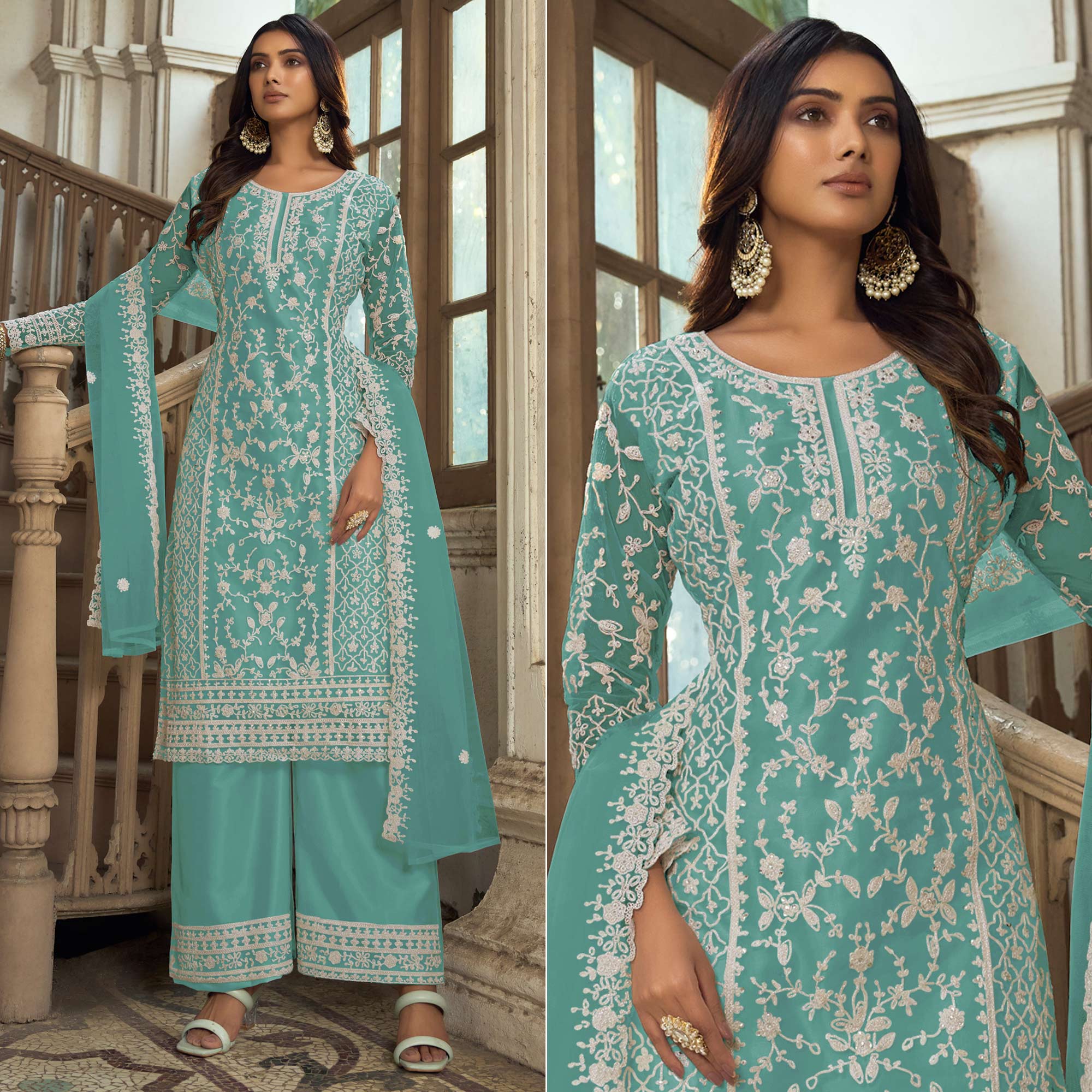 Turquoise Floral Embroidered Net Semi Stitched Suit