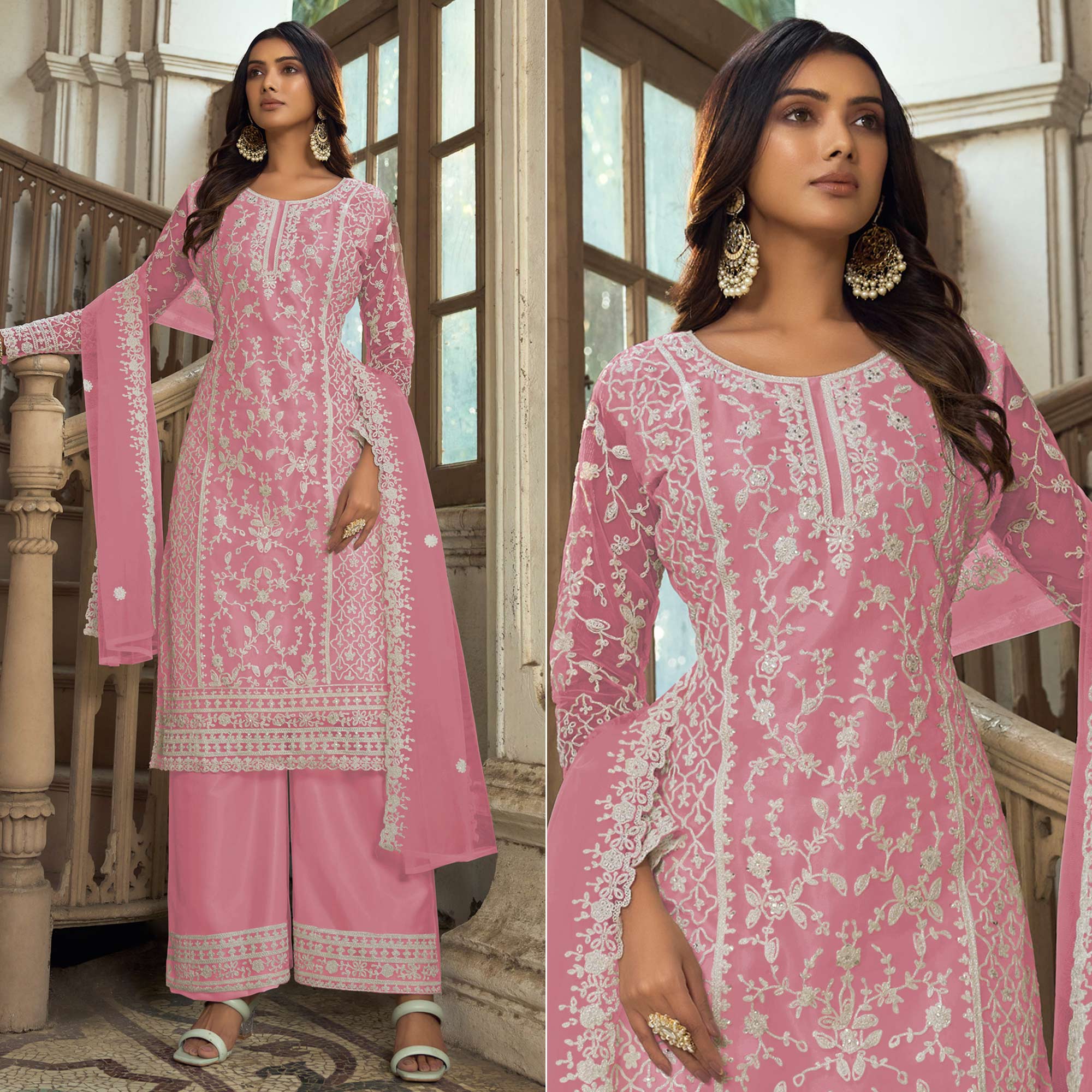 Pink Floral Embroidered Net Semi Stitched Suit