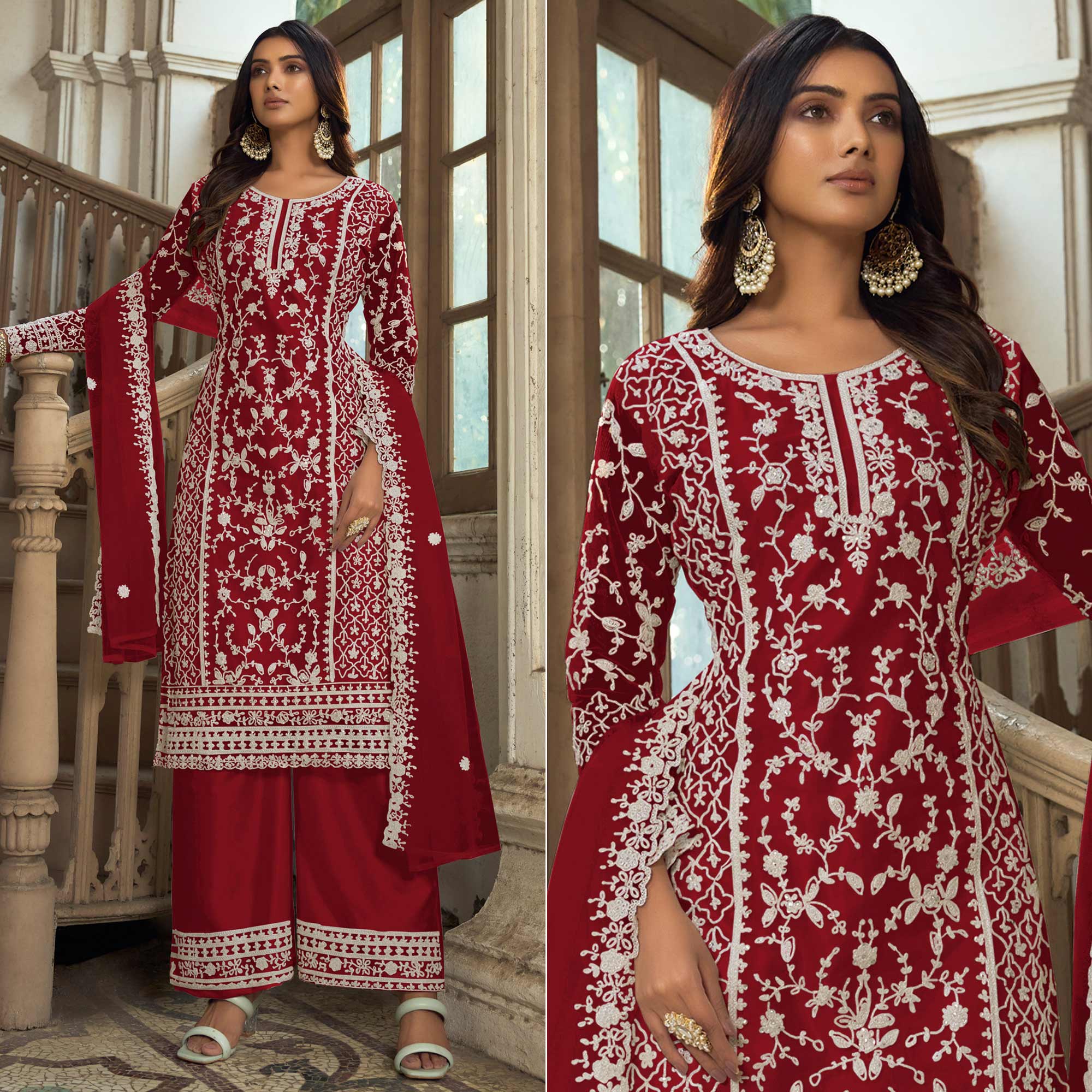 Red Floral Embroidered Net Semi Stitched Suit